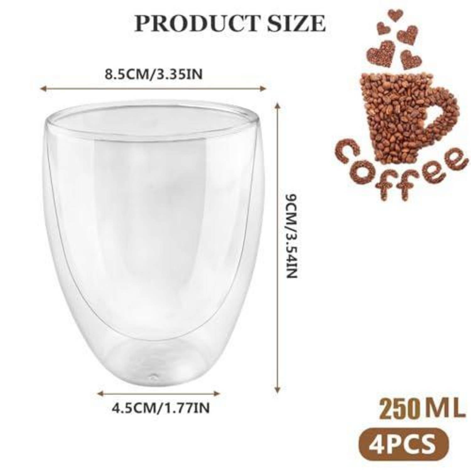 Größendiagramm eines transparenten doppelwandigen Kaffeebechers: 9 cm hoch, 8,5 cm breit, 4,5 cm Bodendurchmesser, 250 ml, 4 Stück.