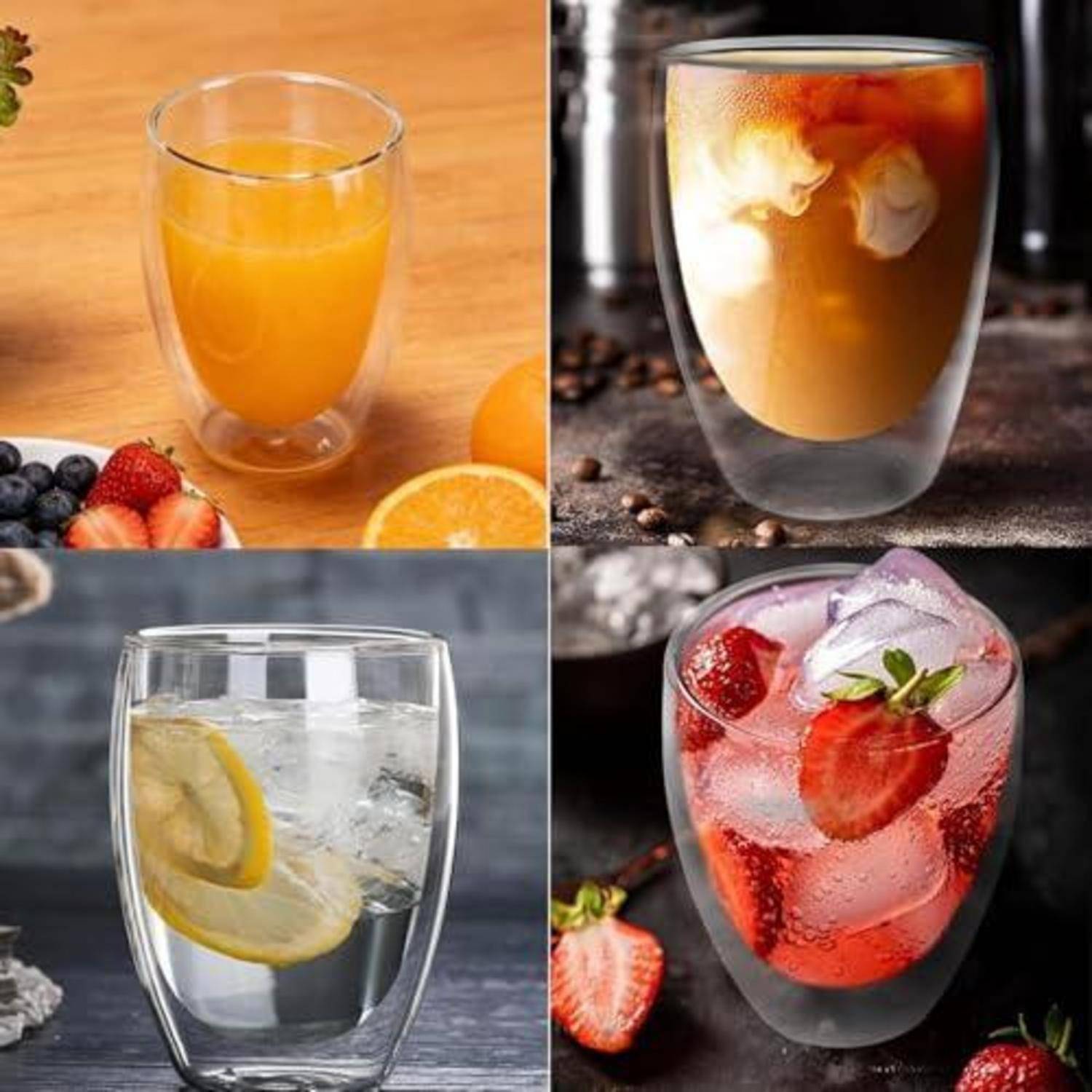 Vier Getränke in doppelwandigen Gläsern: Orangensaft, Eiskaffee mit Sahne, Zitronenspeisewasser und Erdbeer-Eisgetränk.