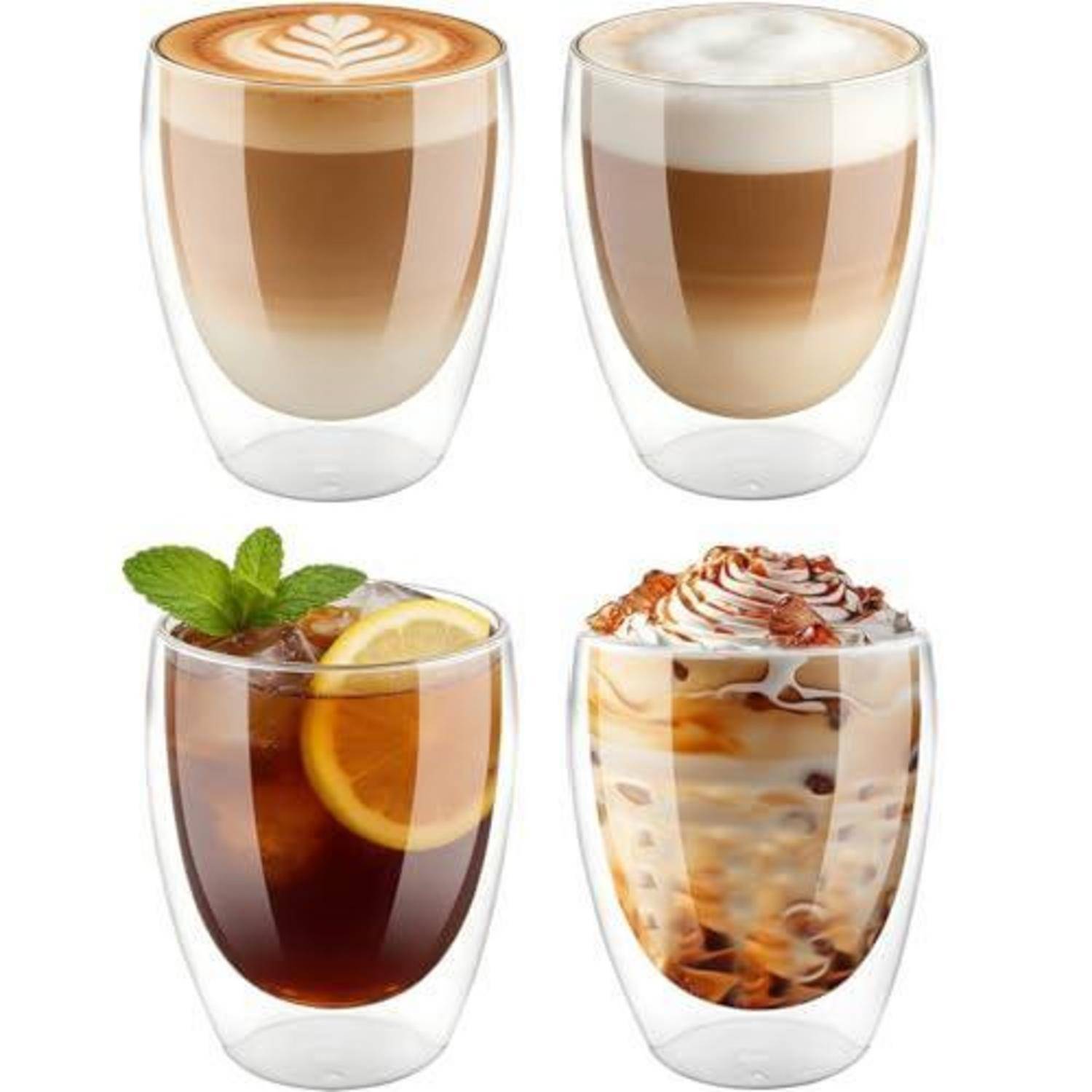 Vier doppelwandige Gläser mit geschichteten Kaffeegetränken: Latte, Cappuccino, Eiskaffee mit Zitrone und Minze sowie ein geschlagener Eisdessert-Kaffee.