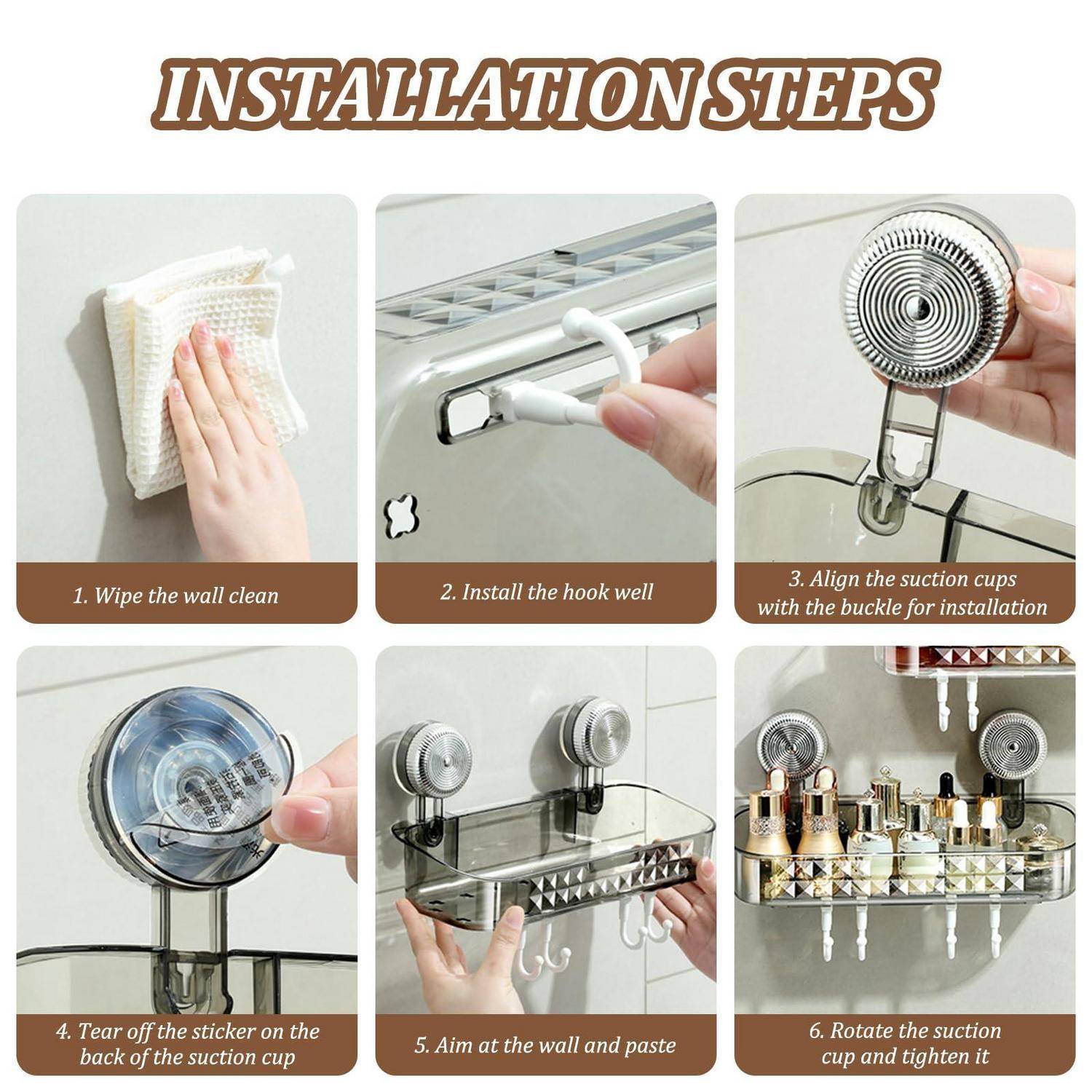 Installationsschritte Infografik zum Anbringen eines Saugnapf-Wandregals: Wand reinigen, Haken anbringen, Saugnapf ausrichten, Aufkleber abziehen, gegen Wand drücken und zum Befestigen drehen.