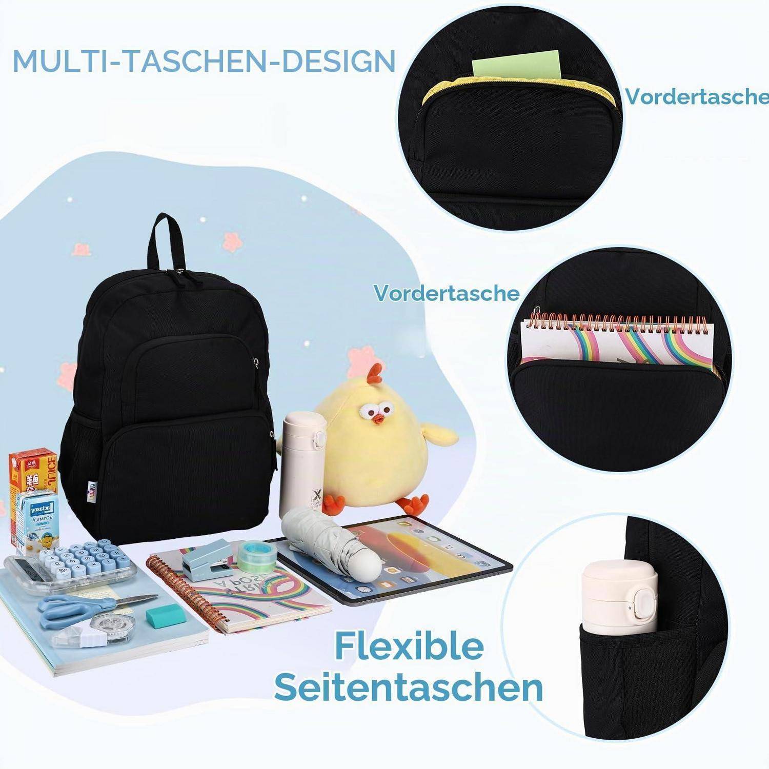 Schwarzer Rucksack mit mehreren Taschen und vorderen/seitlichen Fächern; eingefügte Nahaufnahmen zeigen Vordertasche und flexible Seitentasche, in Deutsch beschriftet.