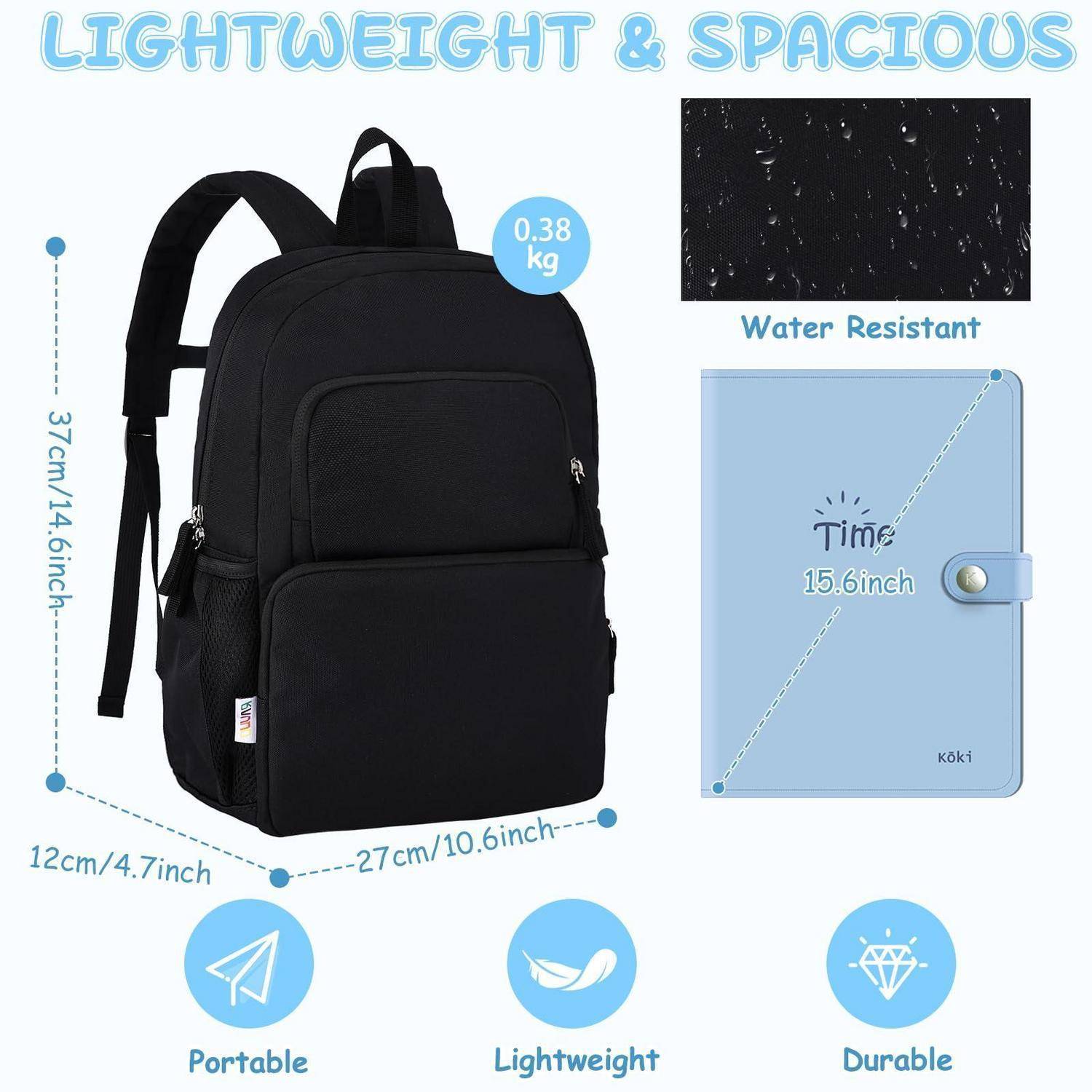 Schwarzer Rucksack mit Funktionshinweisen: 0,38 kg, 37 cm × 27 cm × 12 cm, wasserfest, Kapazität für 15,6 Zoll, tragbar, leicht, langlebig.