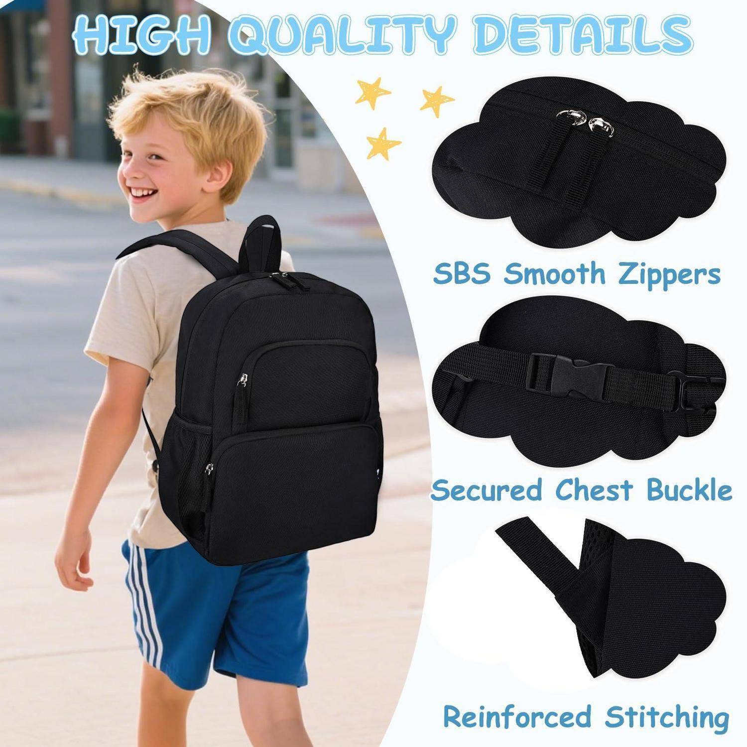 Werbebildzeigende einen Jungen mit schwarzem Rucksack, der hochwertige Details hervorhebt: glatte Reißverschlüsse, gesicherter Brustgurt und verstärkte Nähte.