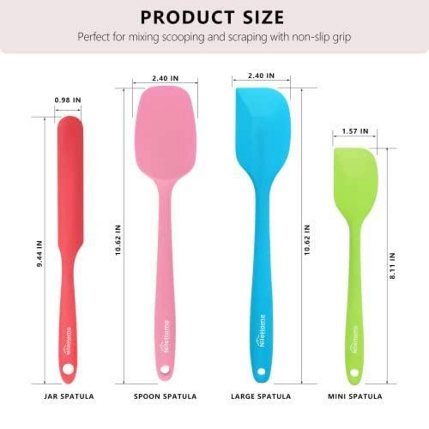 Produktgrößentabelle mit vier Silikonspachteln mit Abmessungen: Spachtel für Gläser 9,44 x 0,98 Zoll, Löffelspachtel 10,62 x 2,40 Zoll, große Spachtel 10,62 x 2,40 Zoll, Mini-Spachtel 8,11 x 1,57 Zoll.