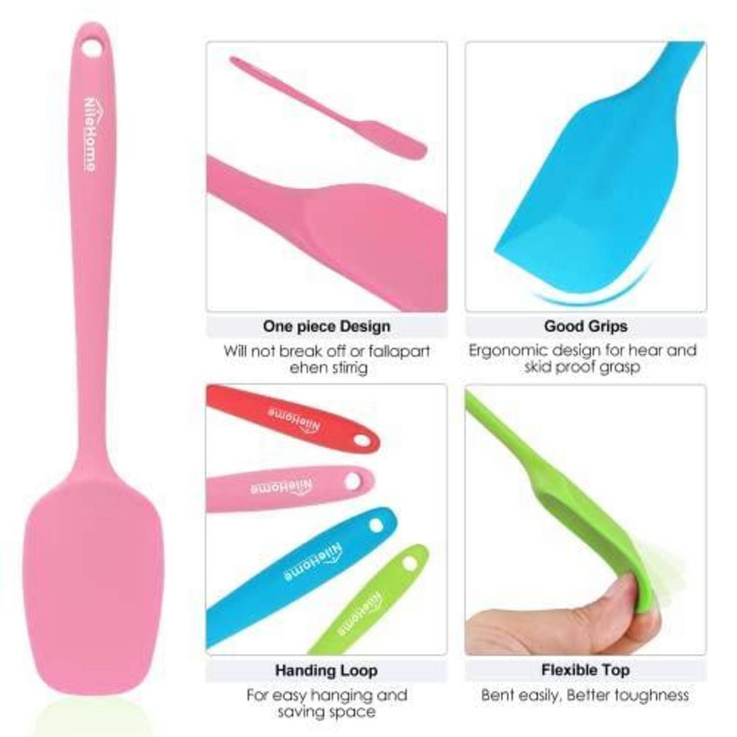 Rosa Silikonspatel mit Aufhängeloch, mit Nahaufnahmen, die das einteilige Design, den ergonomischen Griff, die Aufhängeschlaufe und die flexible Spitze hervorheben.