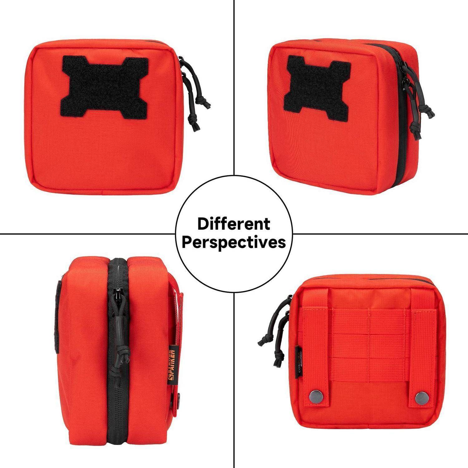 Collage mit einer roten quadratischen Tasche mit Reißverschluss von vier verschiedenen Blickwinkeln, mit der Bezeichnung „Verschiedene Perspektiven".