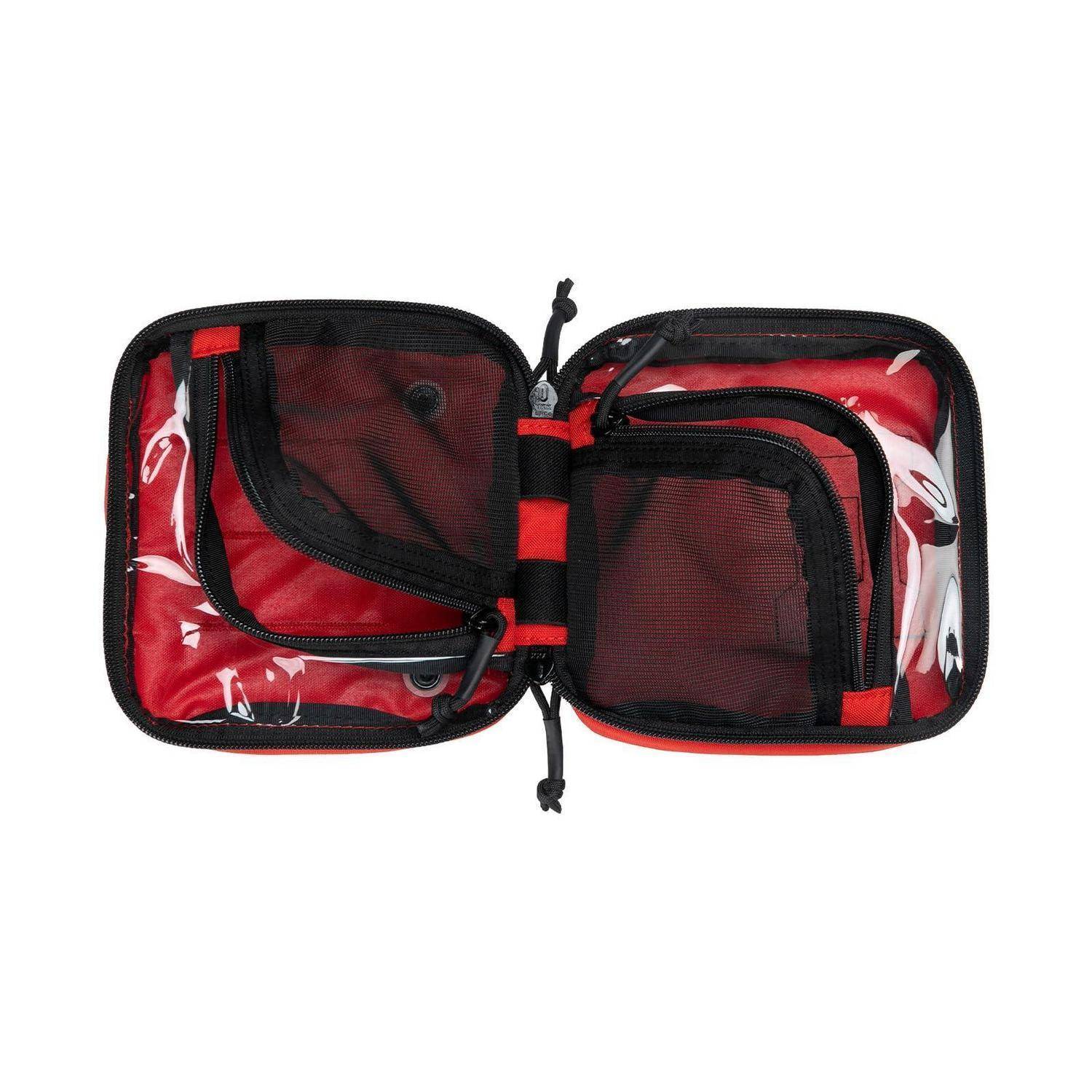 Offener rot-schwarzer Reißverschluss-Tragekoffer mit zwei Netztaschen, gezeigt auf weißem Hintergrund.