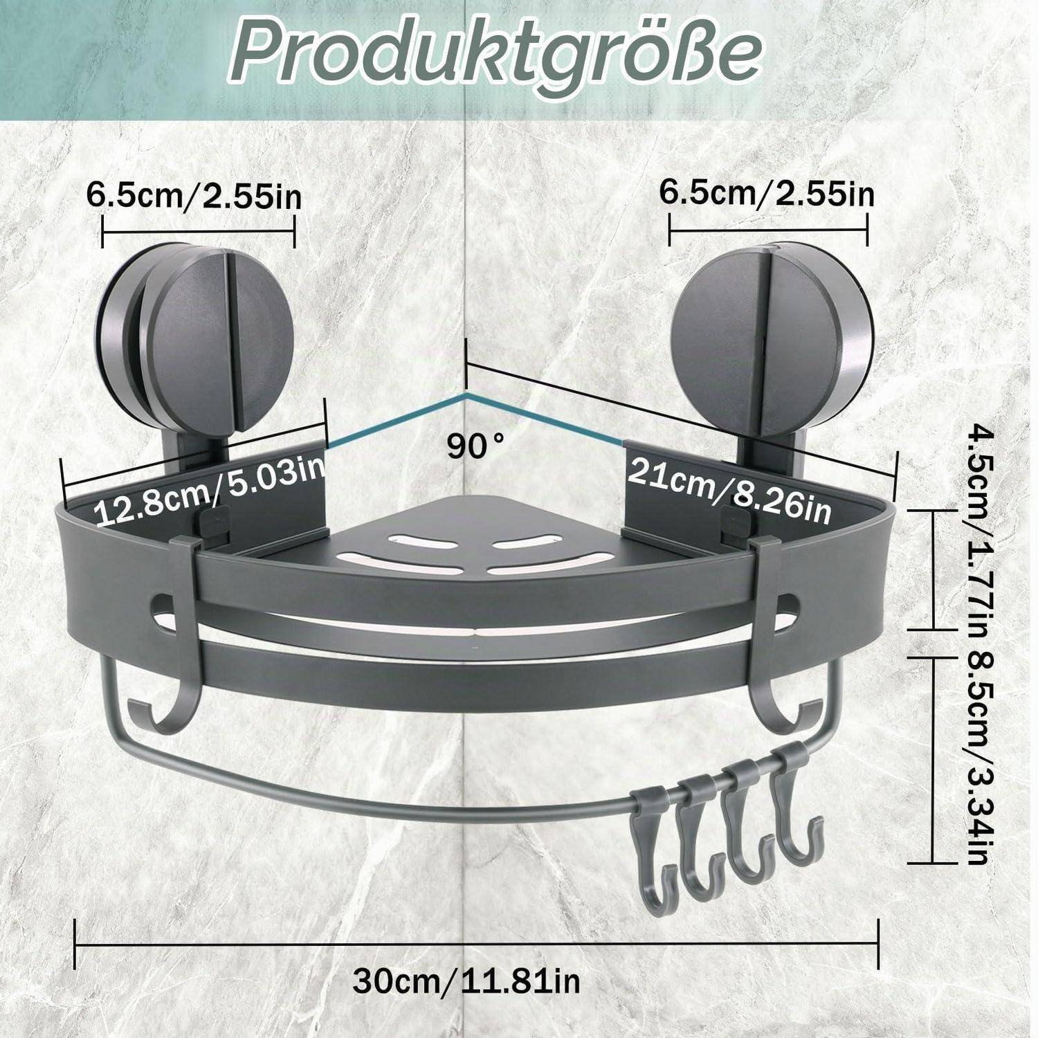 Eckdusch-Regal-Diagramm mit Produktabmessungen: 30 cm Breite, 12,8 cm und 21 cm Seitenlängen, 4,5 cm und 8,5 cm Höhen, 6,5 cm Saugnapfgröße, 90° Winkel.