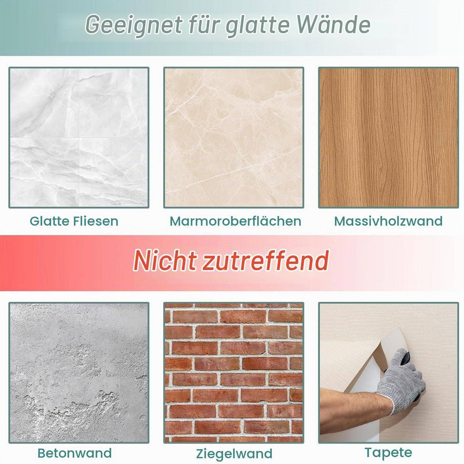 Deutscher Infografik: Geeignete glatte Oberflächen: Gliesfliesen, Marmoroberflächen, massives Holzpaneel; nicht geeignet: Betonwand, Backsteinwand, Tapete.