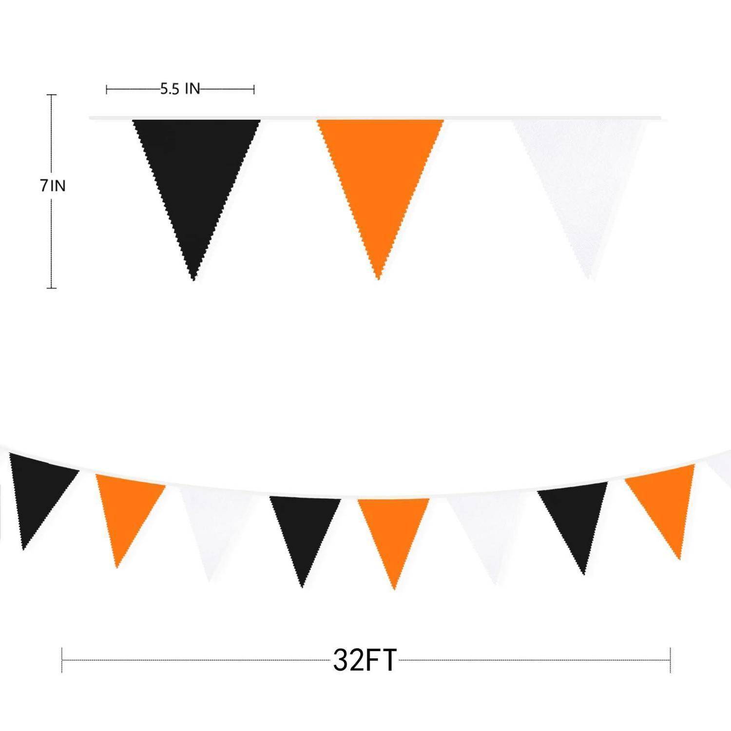 Diagramm von dreieckigen Wimpelgirlanden, das zeigt, dass jede Flagge 5,5 Zoll breit und 7 Zoll hoch ist, mit einer 32 Fuß langen Schnur aus abwechselnden schwarzen, orangefarbenen und weißen Wimpeln.