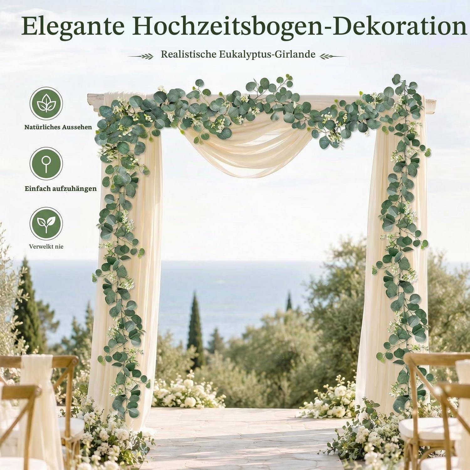 Außentrauungsbogen dekoriert mit drapiertem elfenbeinfarbenem Stoff und Eukalyptusgirlande, gezeigt mit deutschem Text, der ein natürliches, einfach zu hängendes, niemals welkendes Design bewirbt.