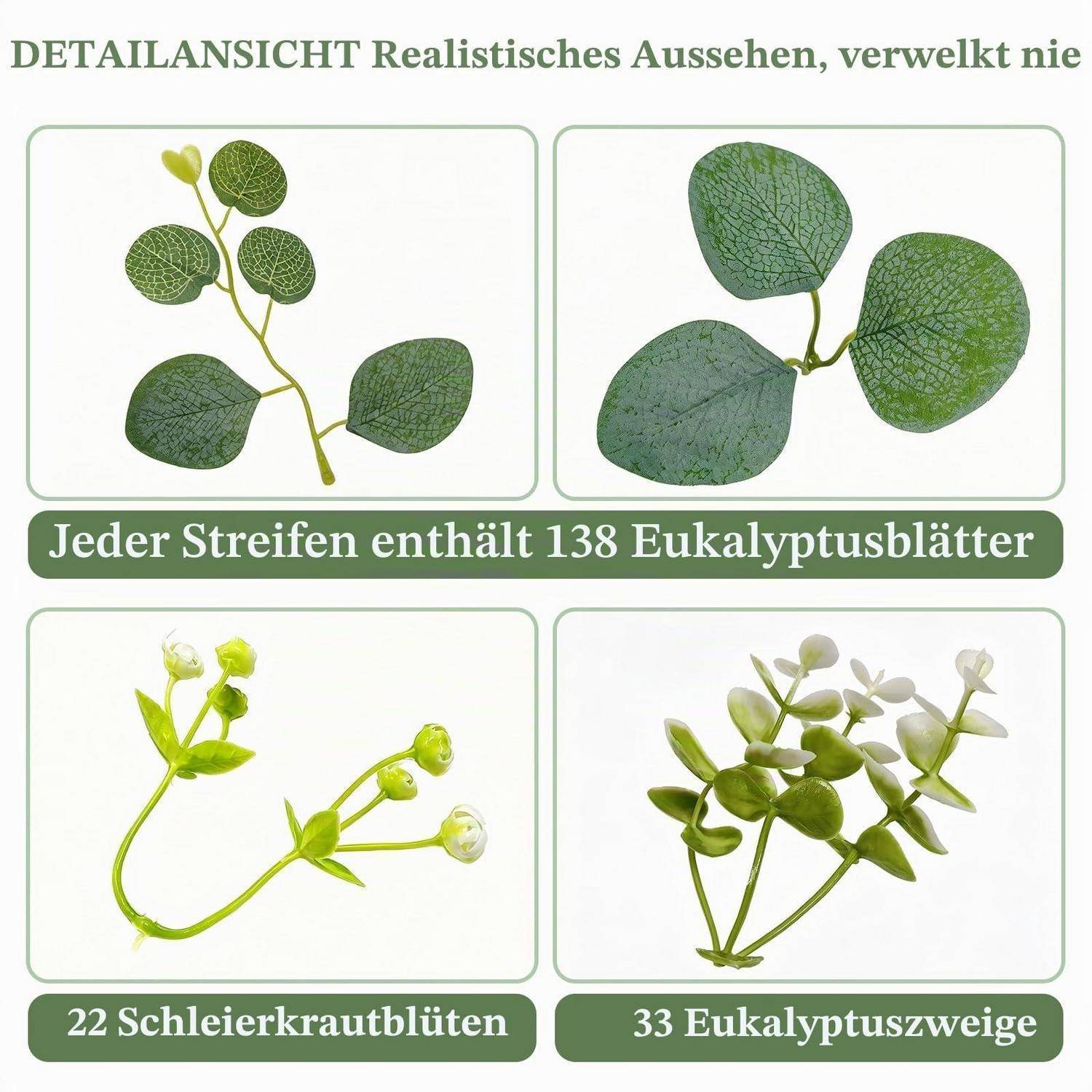 Collage aus künstlichen Eukalyptus- und Schleierkraut-Stielen mit realistischen Blattdetails und Anzahlen: 138 Eukalyptusblätter, 22 Blüten, 33 Zweige.
