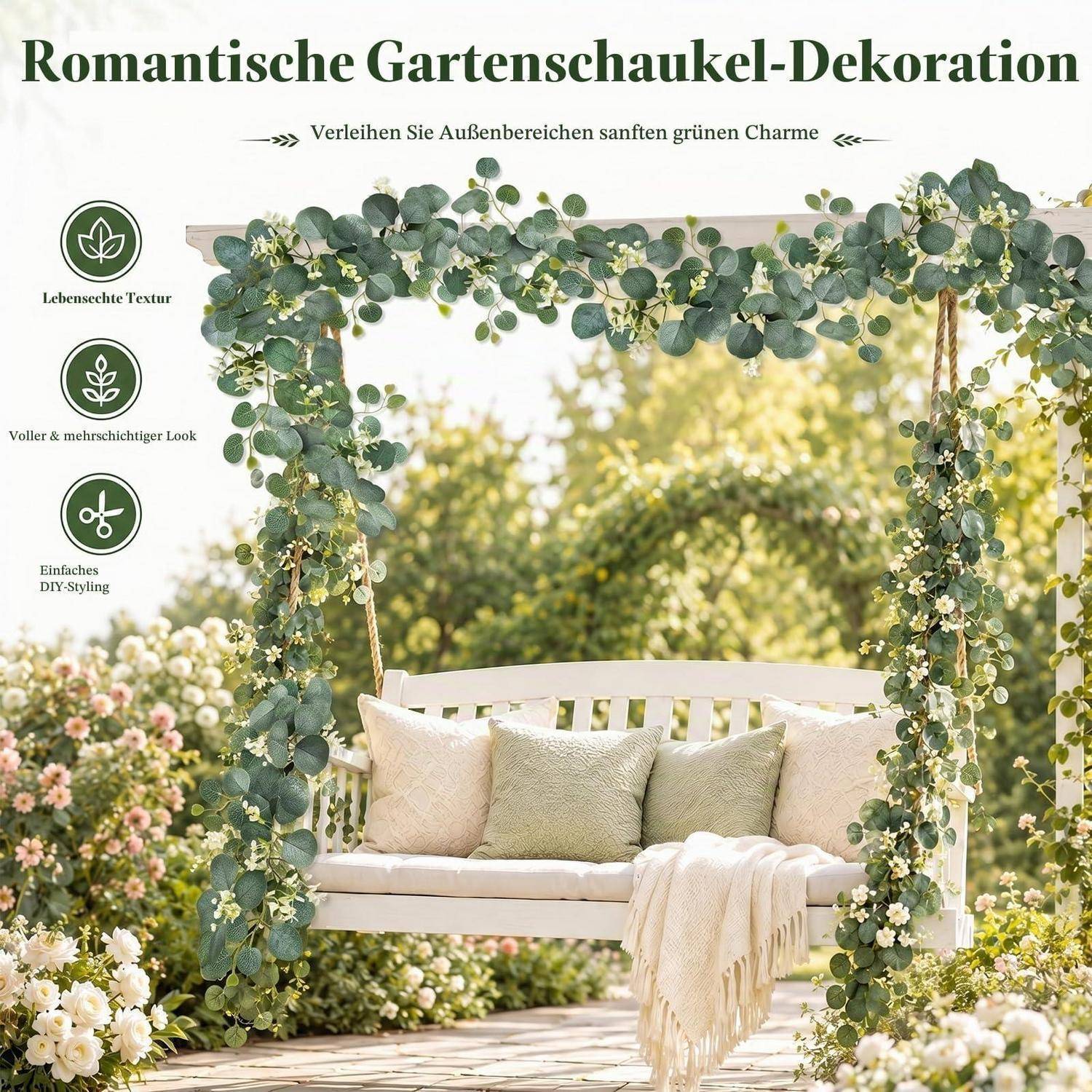 Gartenschaukel mit üppigen grünen und weißen Blumengirlanden dekoriert, die ein romantisches Außensitzplatz-Setup zeigt.