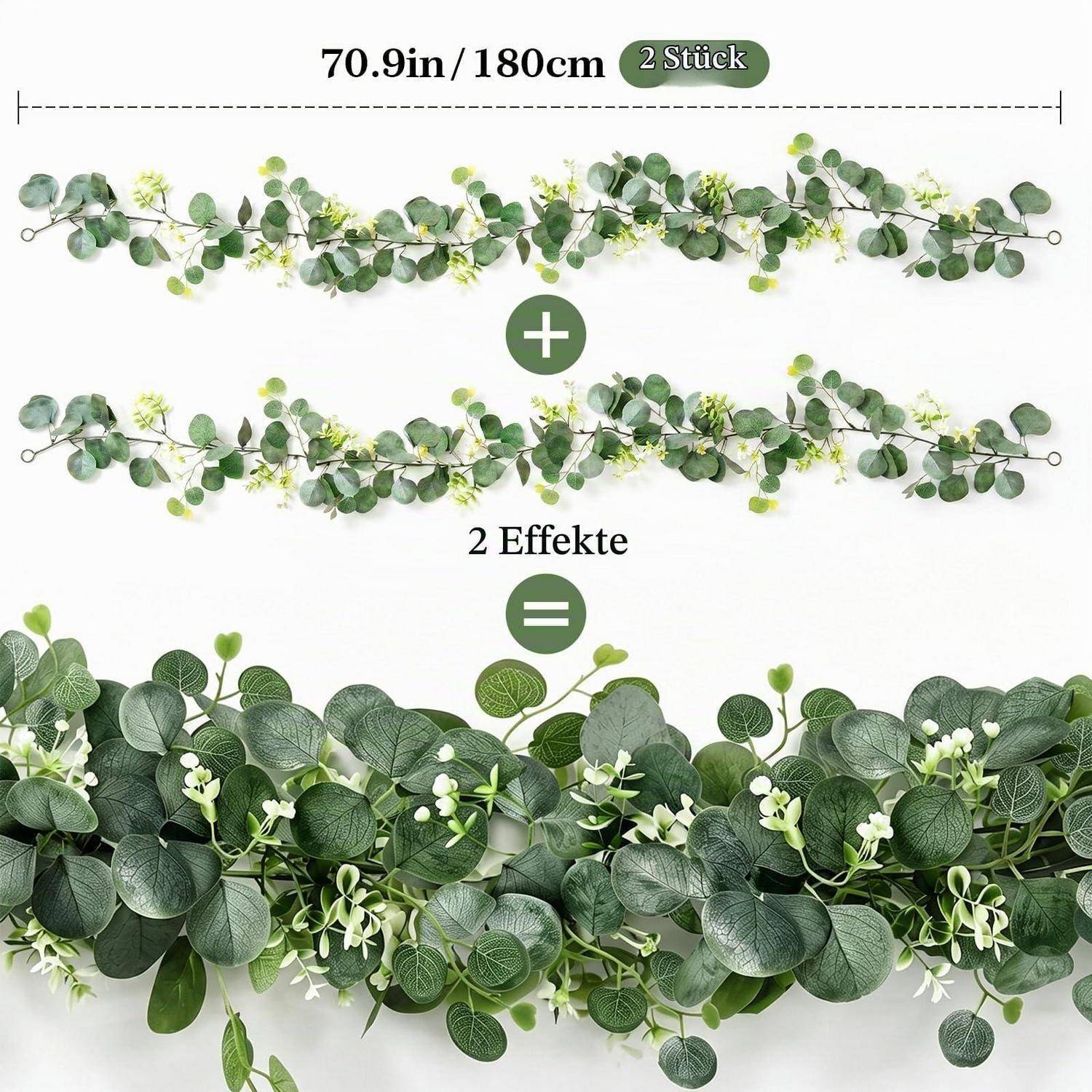 Produktbild von zwei 70,9 Zoll Eukalyptus-Girlanden; „2 Stück" und „2 Effekte"" zeigen, dass sie separat verwendet oder zu einer volleren Grüngirlande kombiniert werden können.