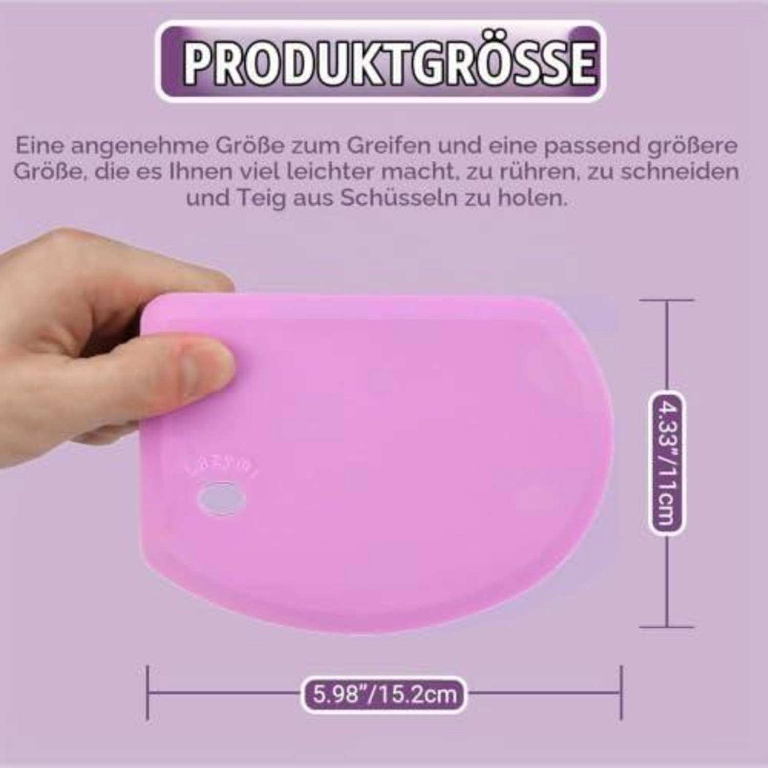 Produktgrößen-Grafik zeigt eine Hand, die einen rosa Schüsselschaber hält, mit der Bezeichnung „PRODUKTGRÖSSE