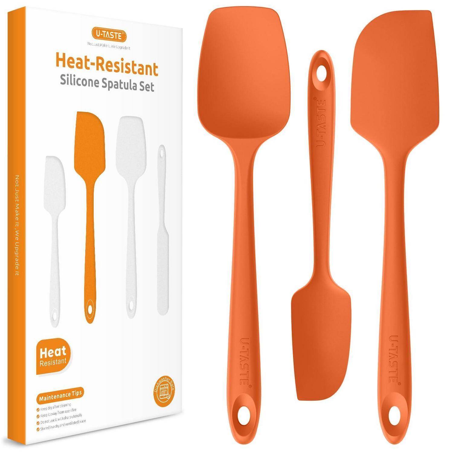 Orange U-Taste hitzebeständiger Silikonspatel-Set, drei Spatel mit Einzelhandelskartonverpackung.