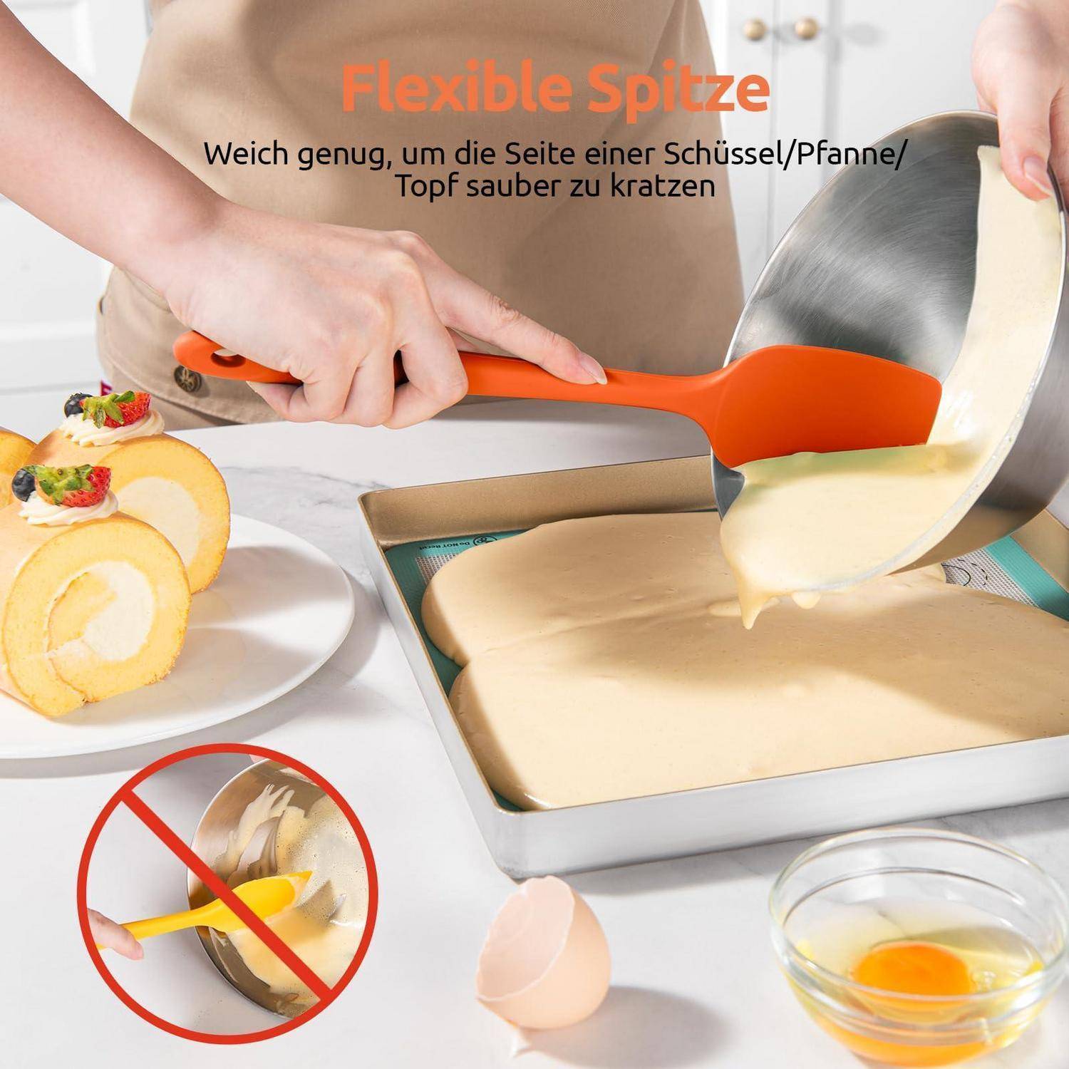 Eine Person verwendet einen orangefarbenen flexiblen Spatel, um Teig aus einer Schüssel in eine Backform zu kratzen; deutscher Text besagt, dass er weich genug ist, um Schüsseln und Pfannen zu reinigen.