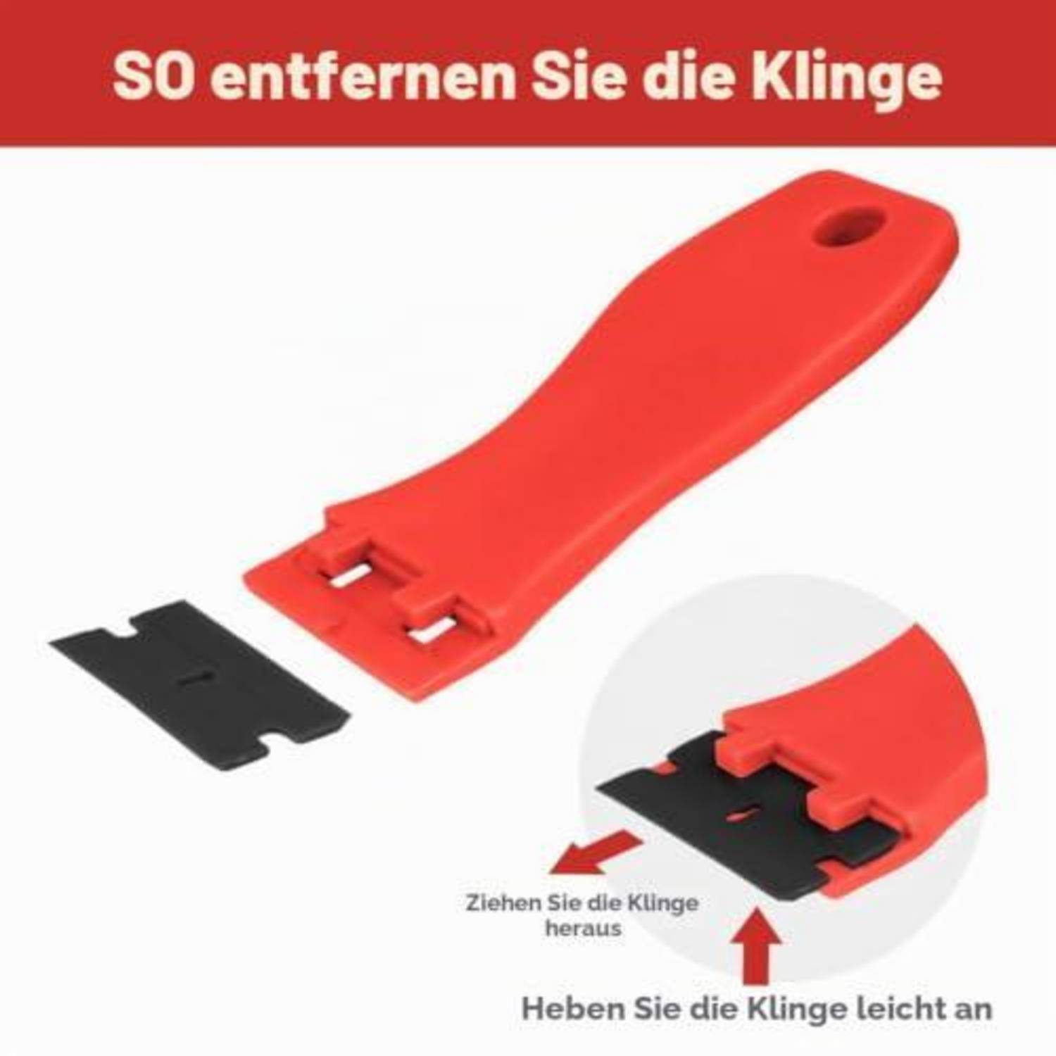 Deutschsprachige Bedienungsanleitung zum Entfernen einer Klinge aus einem roten Griff: Die Klinge leicht anheben, dann herausziehen.