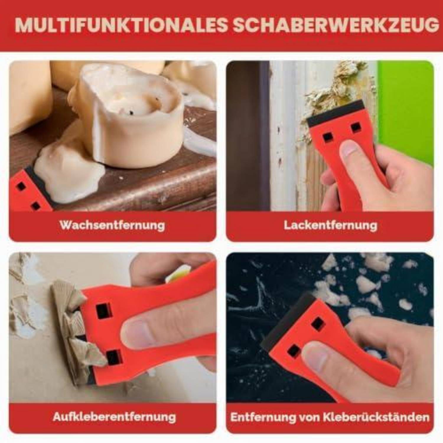 Werbegrafikfür ein Multifunktions-Schabewerkzeug mit vier Anwendungen: Wachsentfernung, Lackentfernung, Aufkleberentfernung und Kleberückstände-Entfernung.