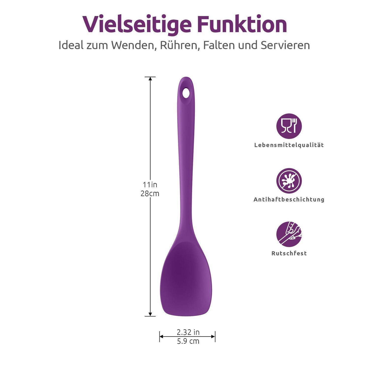 Illustration eines violetten Silikon-Spatels mit der Beschriftung „Vielseitige Funktion