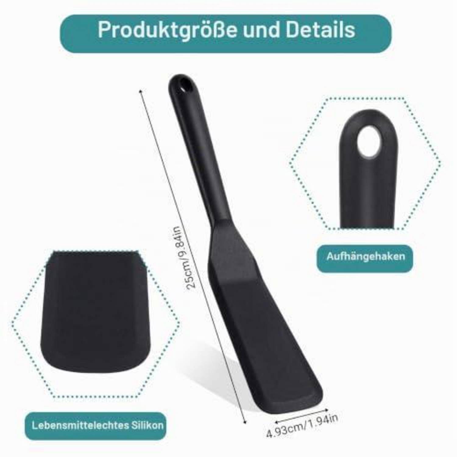 Produktgröße und Details für einen schwarzen Silikonspatel mit 25 cm Länge, 4,93 cm Kopfbreite und einem Aufhängeloch.