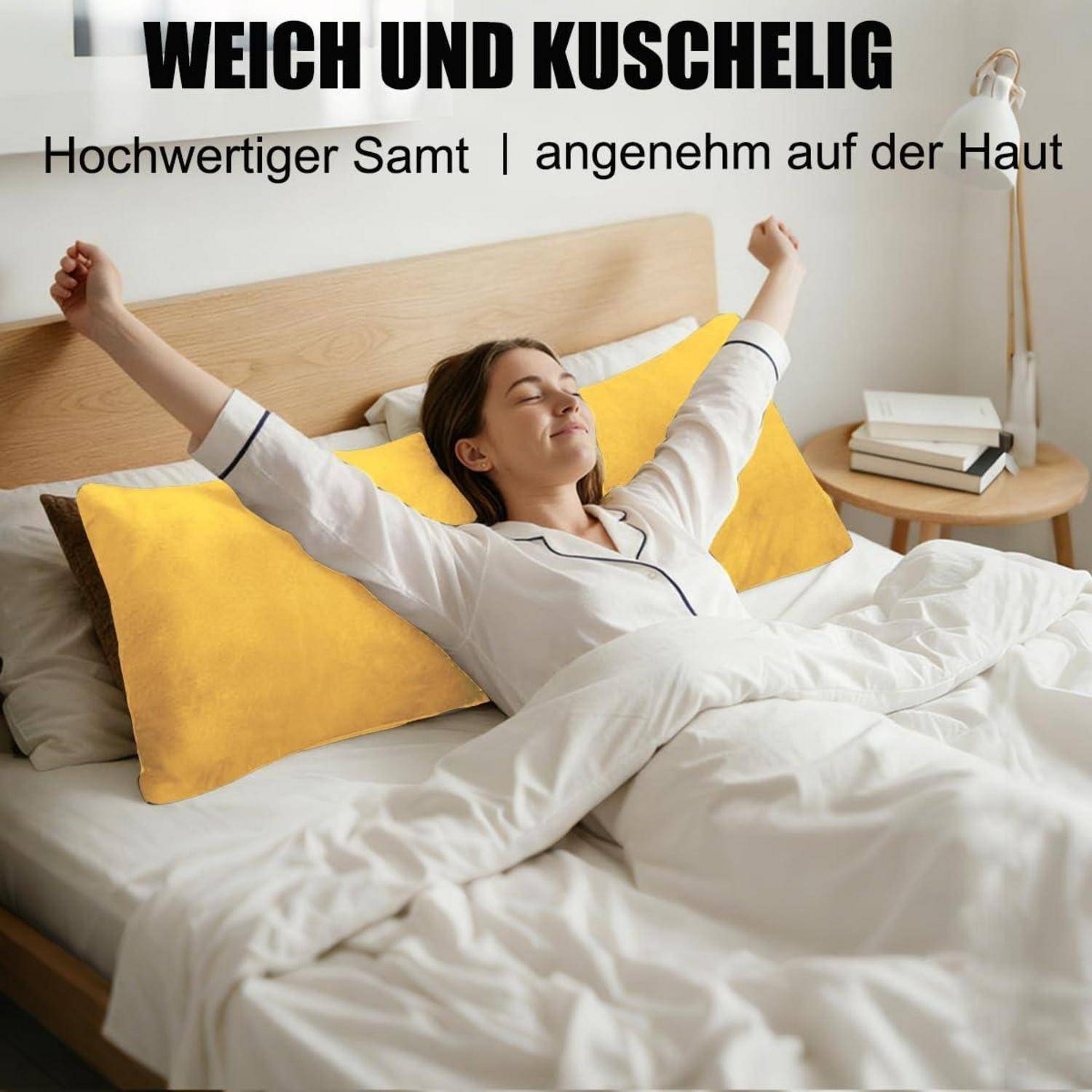 Frau, die sich im Bett mit weißer Bettwäsche und gelben Kissen ausstreckt; deutscher Text sagt „Weich und kuschelig