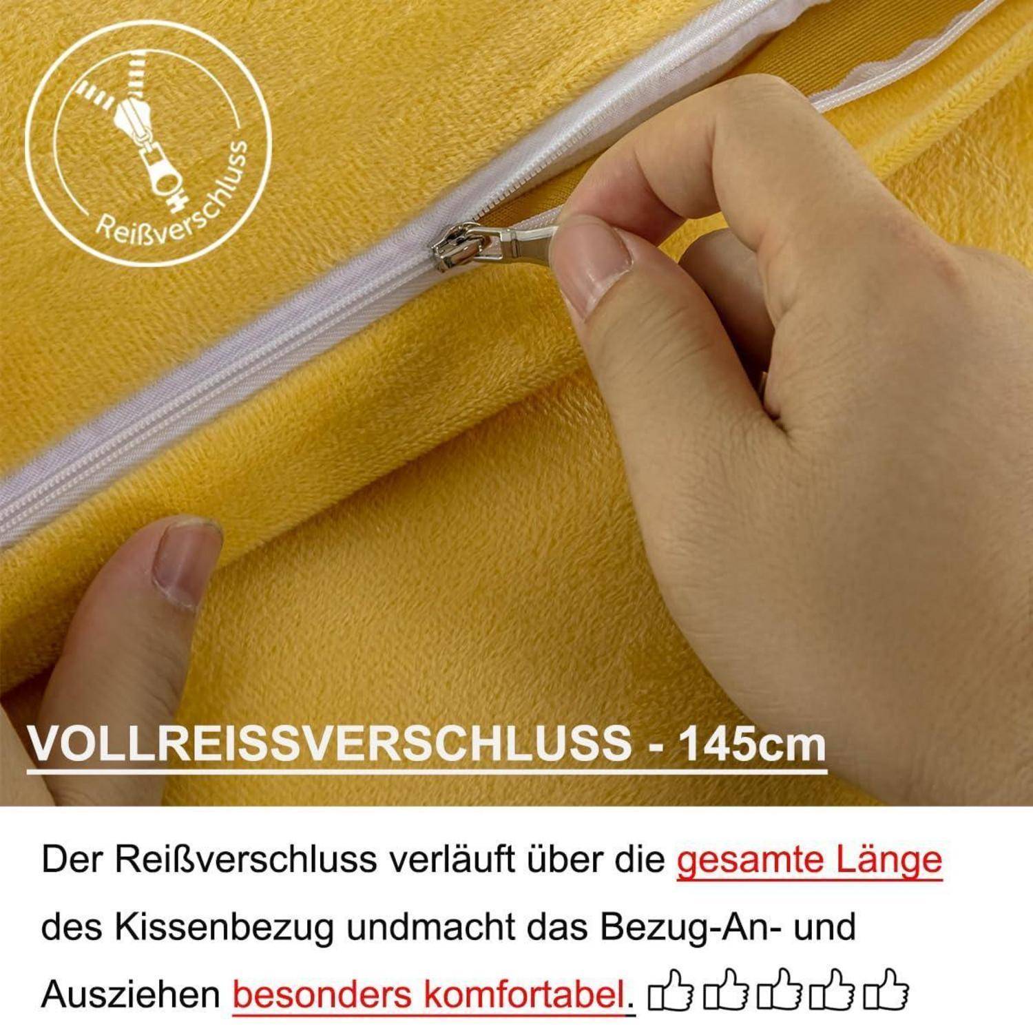 Nahaufnahme von Händen, die einen weißen Reißverschluss an einem gelben Kissenbezug schließen; der Text sagt „VOLLREISSVERSCHLUSS - 145cm