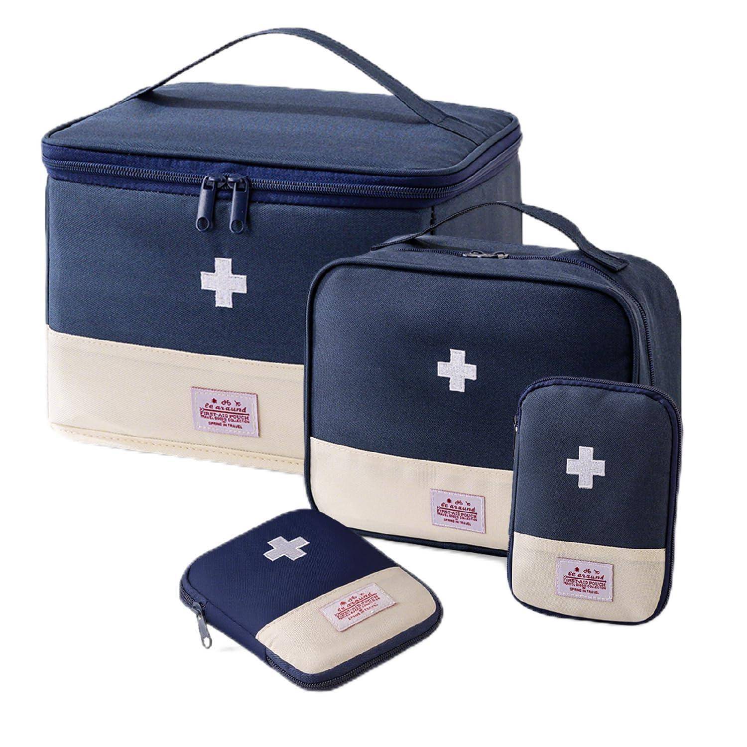 Satz aus vier marineblau und beige verschlossenen isolierten Taschen mit weißen Kreuzsymbolen, in verschiedenen Größen zum Transportieren von medizinischen oder Erste-Hilfe-Materialien dargestellt.