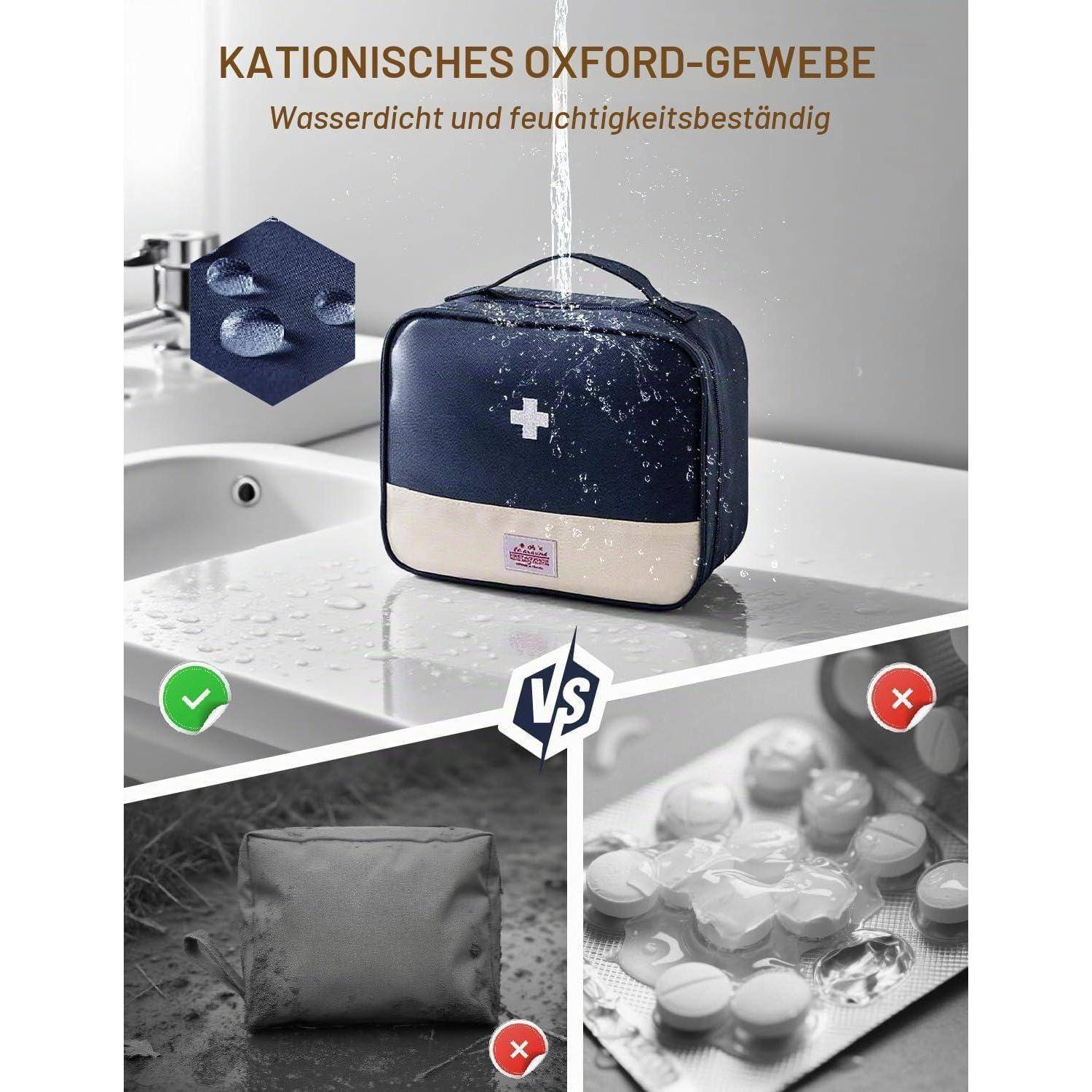 Wasserdichte Marine- und Creme-Erste-Hilfe-Tasche unter fließendem Wasser, mit Text „KATIONISCHES OXFORD-GEWEBE" und „Wasserdicht und feuchtigkeitsbeständig""; Vergleich zeigt Trockentasche gegenüber beschädigtem Kissen und Tabletten.