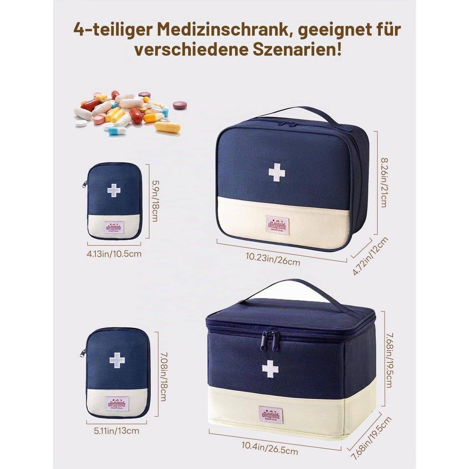 Produktgrafik, die ein 4-teiliges medizinisches Aufbewahrungstaschen-Set in Marineblau und Creme zeigt, mit Größen, die von kleiner Tasche bis zu großem quadratischem Koffer gekennzeichnet sind, und abgebildete Pillen.