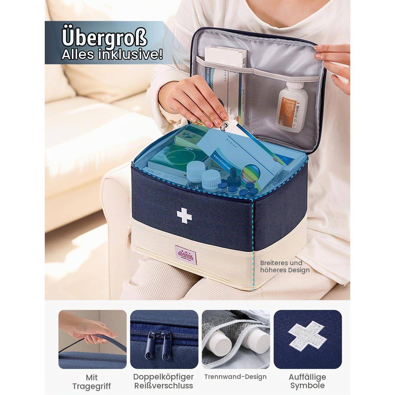 Person öffnet eine übergroße blau-weiße Erste-Hilfe-Tasche mit Reißverschlusstaschen und medizinischen Materialien; deutscher Text sagt „Übergroß, Alles inklusive!" und hebt Griff, Doppelreißverschlüsse, Trennfachdesign und weißes Kreuzemblem hervor.