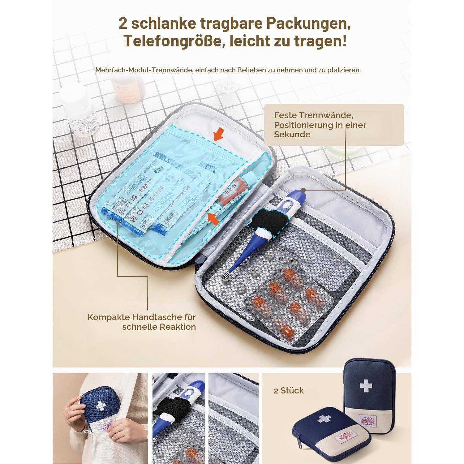 Deutsches Angebot zeigt zwei schlanke, tragbare medizinische Organizer-Taschen für Medikamente mit modularen Trennwänden und mehreren Fächern, verkauft als 2er-Pack.