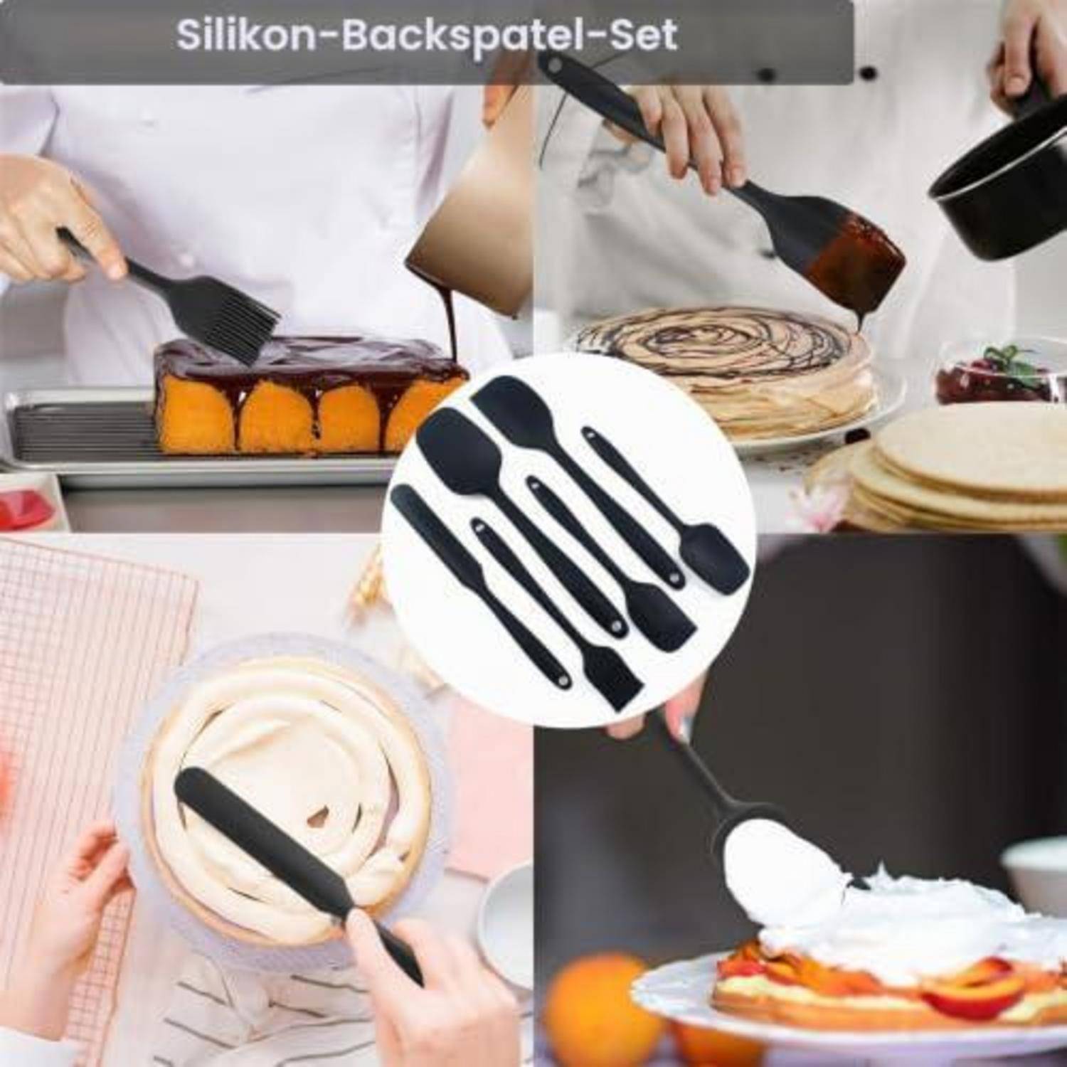 Collage von schwarzen Silikonbackspatel und Löffeln zum Verteilen von Teig, zum Glasieren von Kuchen und zum Servieren von Desserts, mit dem Etikett „Silikon-Backspatel-Set