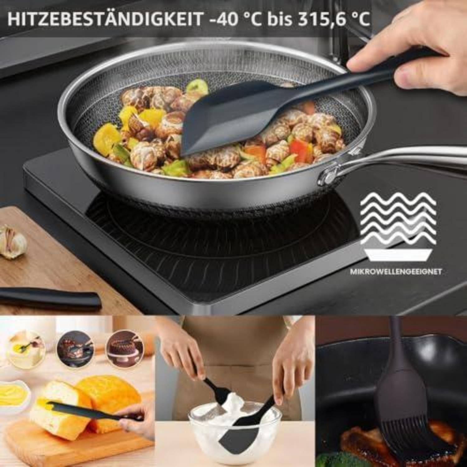 Antihaftpfanne auf einem Kochfeld mit Essen, das mit einem Spatel umgerührt wird; Text sagt „HITZEBESTÄNDIGKEIT -40 °C bis 315,6 °C