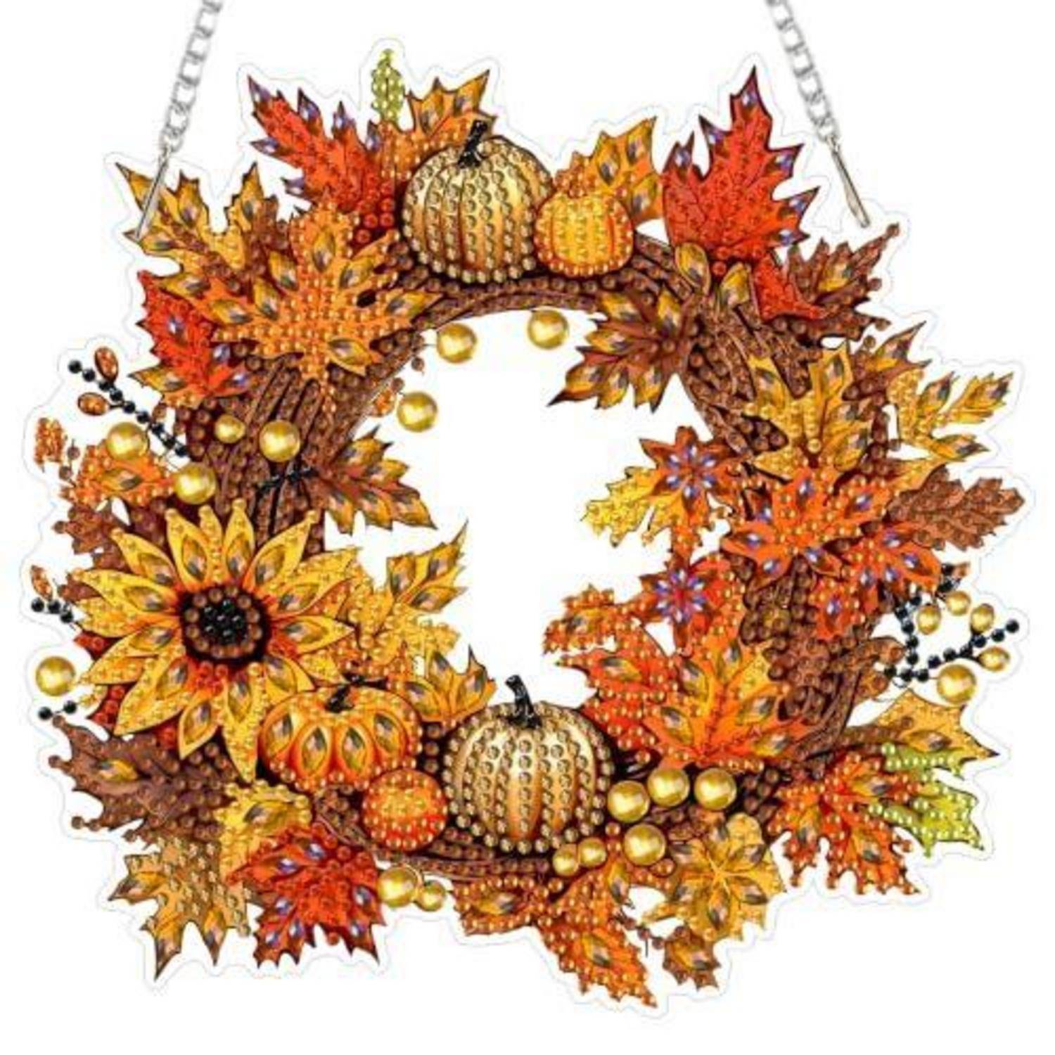 Herbstkranz mit Sonnenblumen, Blättern, Beeren und Kürbissen in Orange-, Gold- und Brauntönen, aufgehängt an einer Kette.
