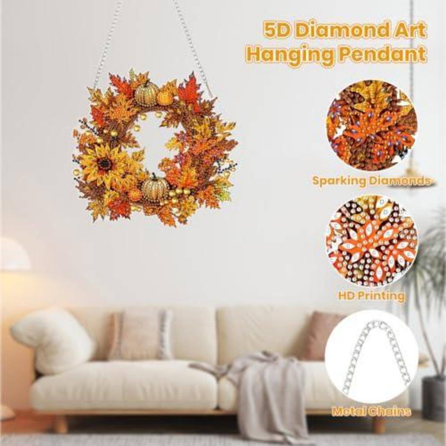 Herbst-themed Diamantkunst-Hängependel-Kranz mit Sonnenblumen und Kürbissen, gezeigt über einem Sofa; eingefügte Details erwähnen „Funkelnde Diamanten", „HD-Druck"" und „Metallketten"".