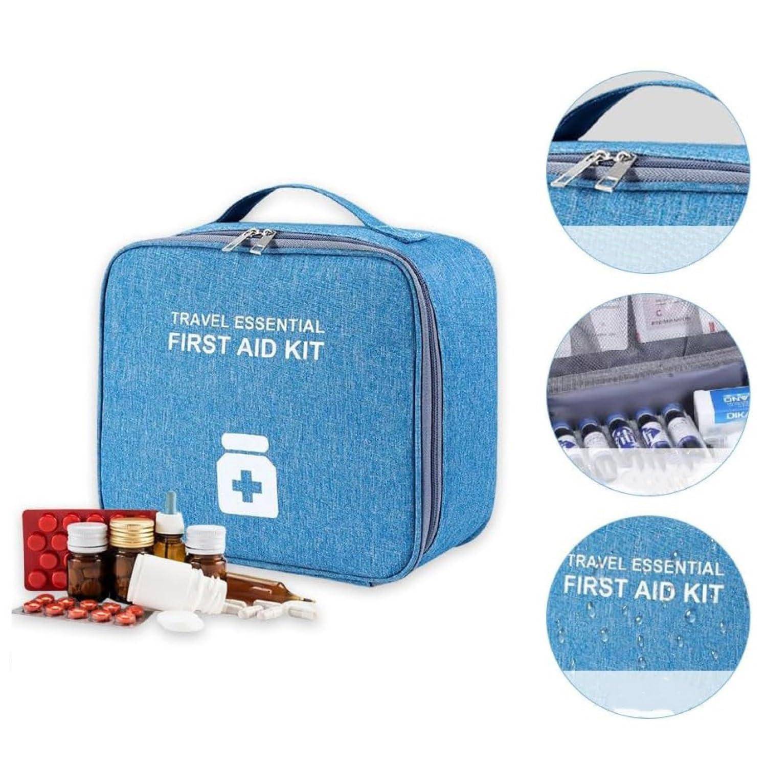 Blaue Reise-Erste-Hilfe-Set-Tasche mit Reißverschluss und Griff, gezeigt mit Pillen und Medikamentenflaschen; Nahaufnahmen zeigen den Stoff, den Reißverschluss und das gedruckte Etikett.
