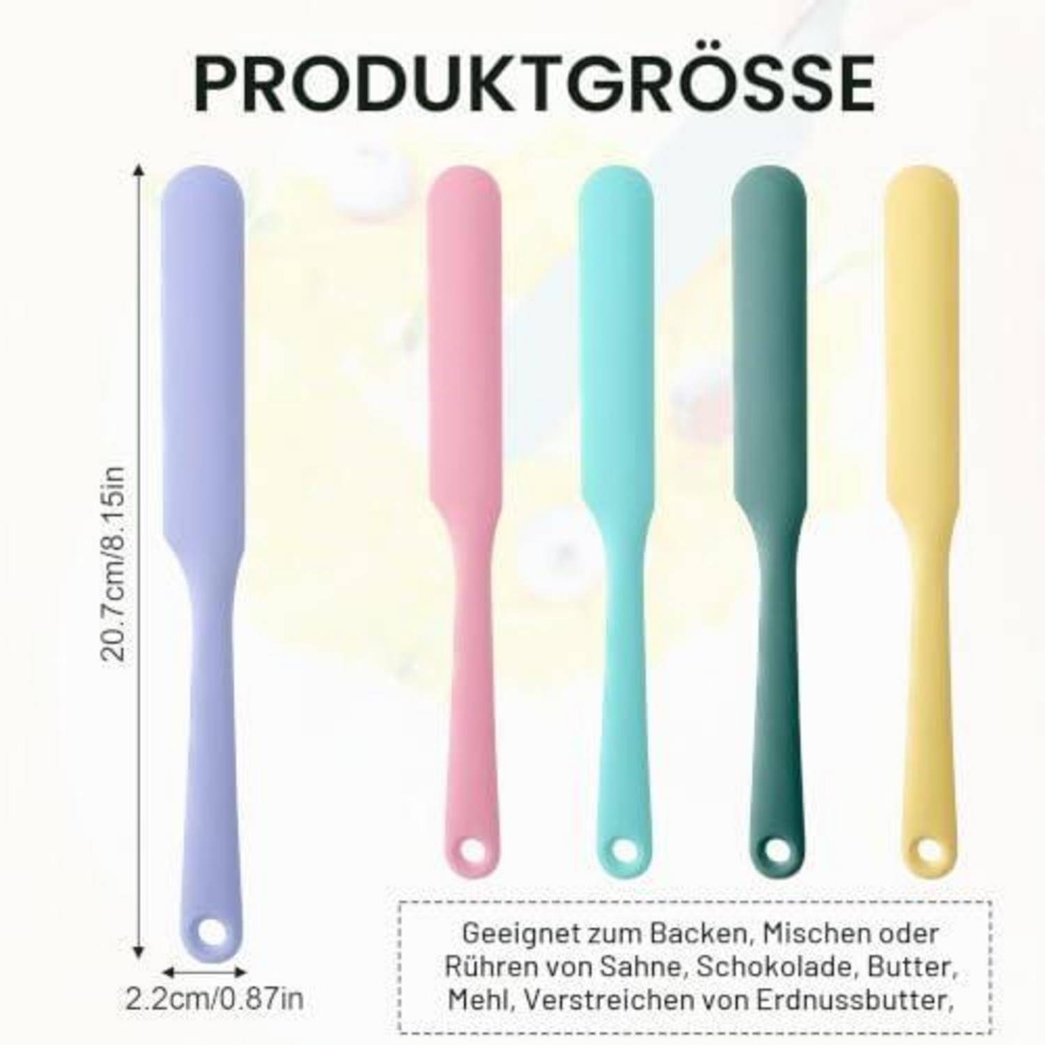 Größentabelle für ein Backutensil, das ein 20,7 cm (8,15 Zoll) großes Werkzeug und eine 2,2 cm (0,87 Zoll) breite zeigt, mit Text: „Geeignet zum Backen, Mischen oder Rühren von Sahne, Schokolade, Butter, Mehl, Verstreichen von Erdnussbutter,