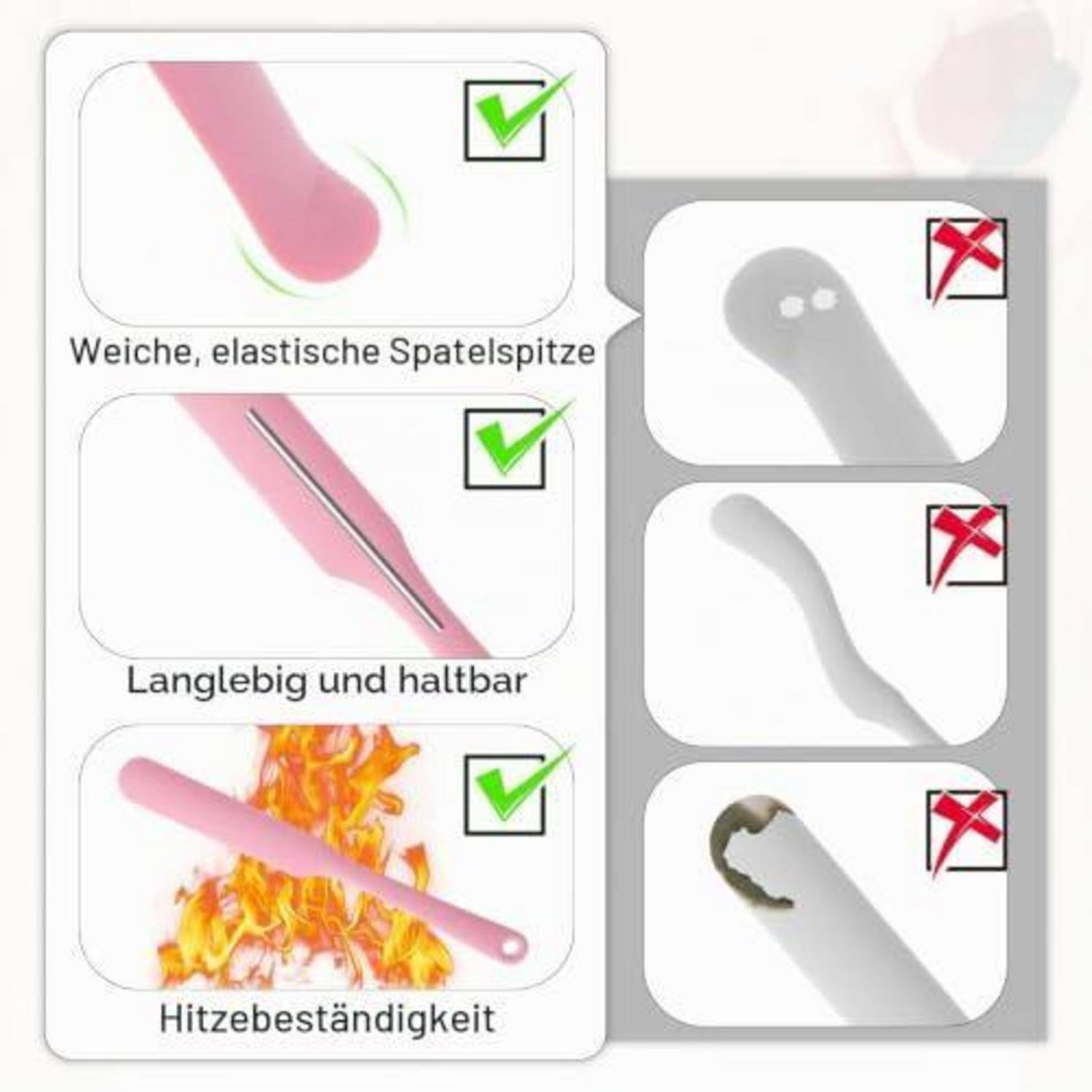 Infografik zum Vergleich von Silikon-Spatelmerkmalen: Die linke Seite zeigt genehmigte Eigenschaften mit grünen Häkchen - weiches flexibles Ende, langlebig, hitzebeständig; die rechte Seite zeigt abgelehnte starre oder beschädigte Spatel mit roten Kreuzen.