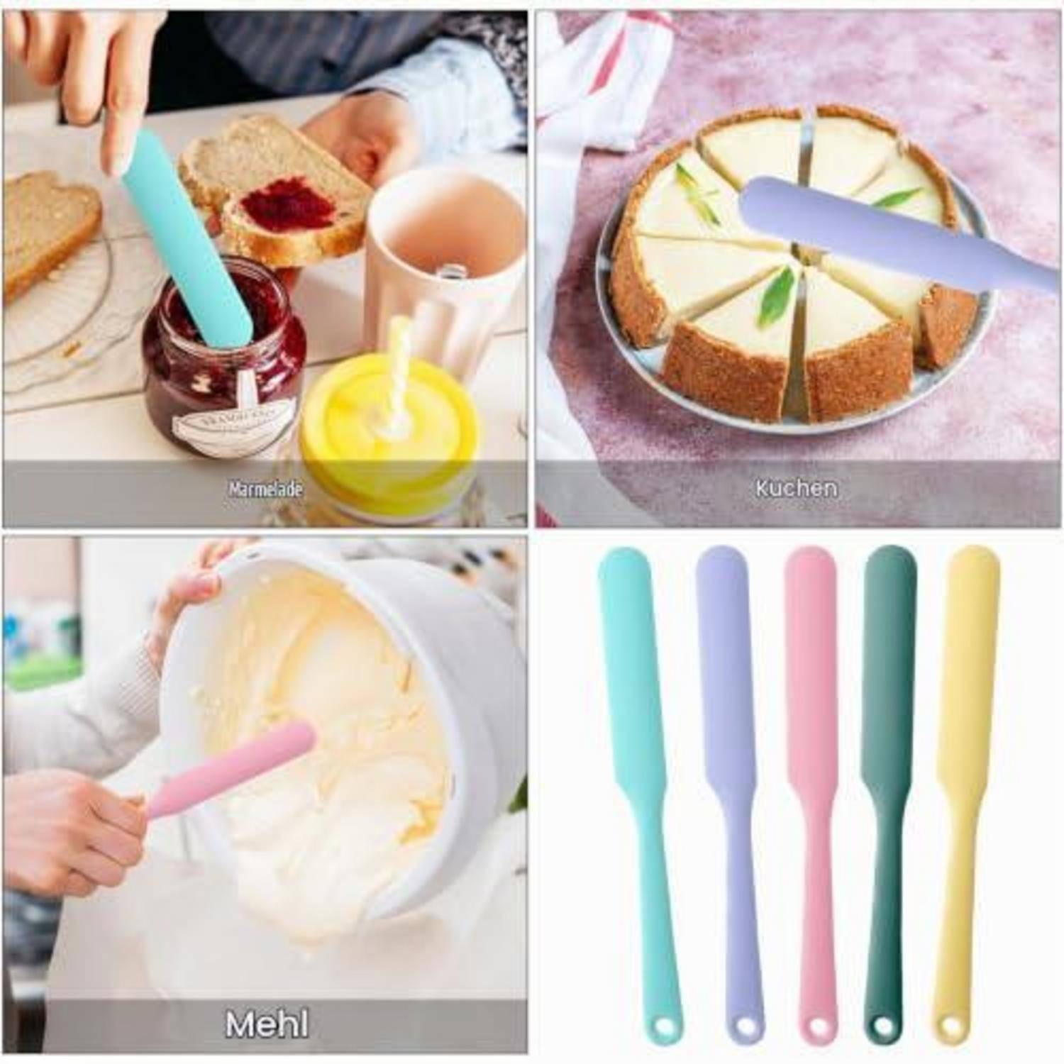 Collage mit pastellfarbenen Silikon-Spachteln zum Verstreichen von Marmelade, zum Schneiden von Kuchen und zum Verrühren von Teig, plus fünf Spachteln auf weißem Hintergrund.