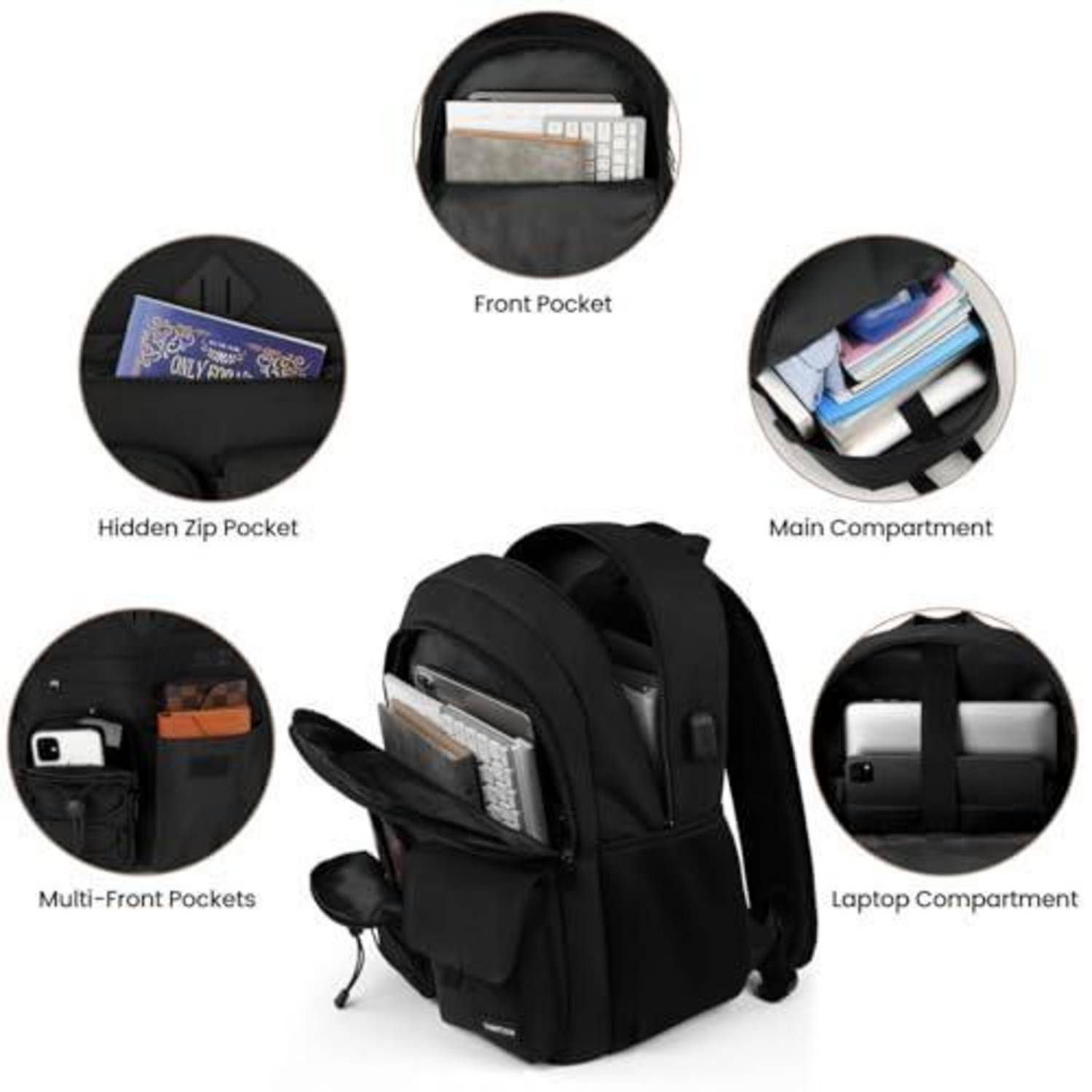 Schwarzer Rucksack mit mehreren Aufbewahrungsbereichen, einschließlich Vordertasche, versteckter Reißverschlusstasche, Hauptfach, mehreren Vordertaschen und Laptop-Fach.