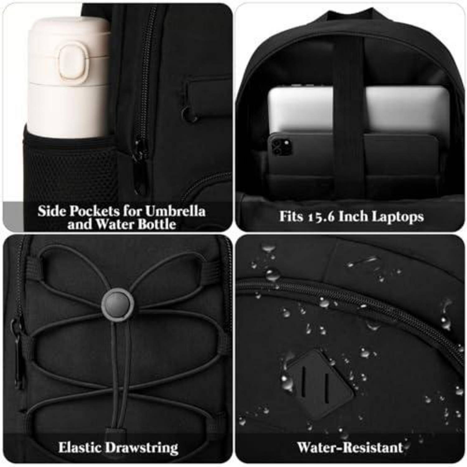 Vierteiliges Produktbild eines schwarzen Rucksacks mit Seitentaschen für Regenschirm und Wasserflasche, passt für 15,6-Zoll-Laptops, elastischer Kordelzug und wasserabweisendes Material.