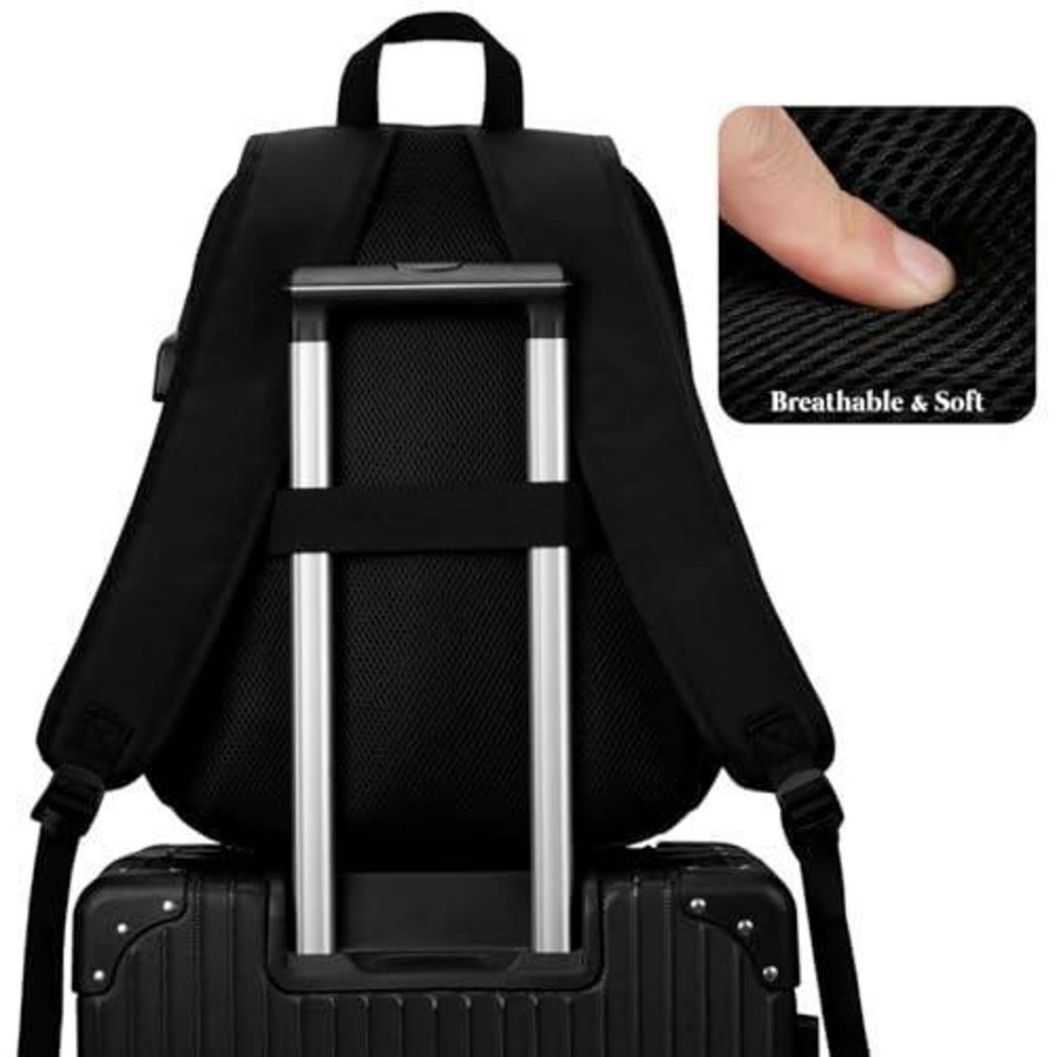 Schwarzer Rucksack mit gepolsterten Trägern und Trolley-Hülle für Koffer, gezeigt mit einer vergrößerten Nahaufnahme mit der Bezeichnung „Atmungsaktiv & Weich", die das Material hervorhebt.
