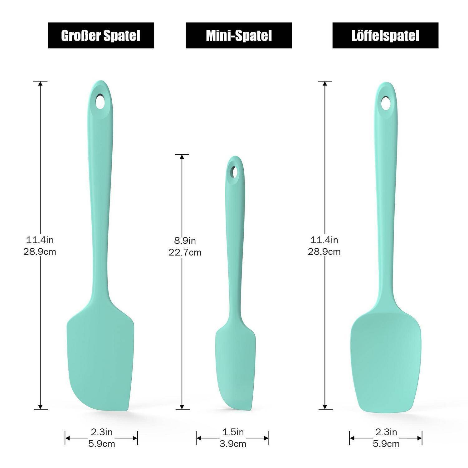 Vergleichstabelle von drei mintgrünen Spachteln: Grober Spatel, Mini-Spatel und Löffelspatel, die ihre Höhen und Breiten in Zoll und Zentimetern zeigt.
