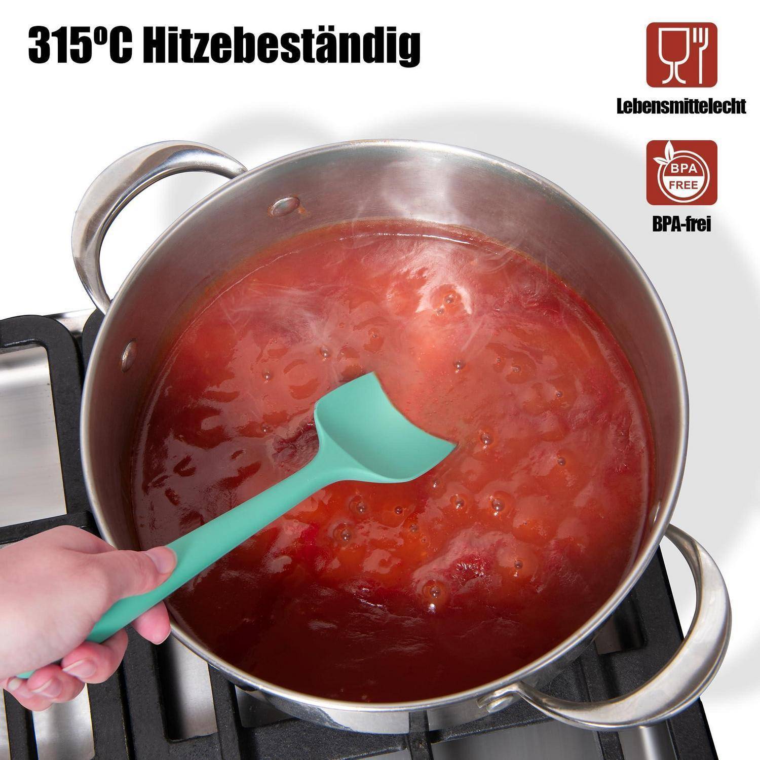 Silikonspatel rührt kochende rote Soße in einem Topf um; Text sagt '315°C Hitzebeständig', 'Lebensmittelecht' und 'BPA-frei'.