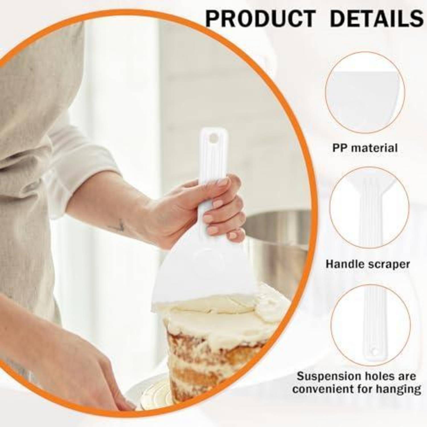Produktdetailbild einer Person, die einen weißen Kunststoffgriff-Spachtel zum Verteilen von Zuckerguss auf einem Kuchen hält, mit Hinweisen auf PP-Material und Aufhängeloch.