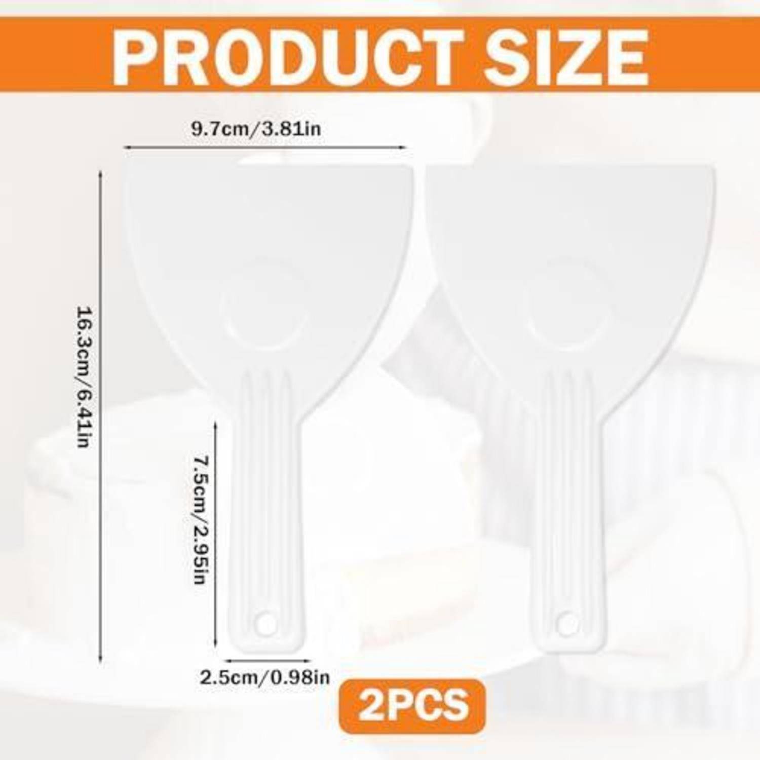 Produktgrößen-Diagramm mit zwei Kunststoffkratzern, je 16,3 cm groß und 9,7 cm breit, mit 7,5 cm Griff und 2,5 cm Griffbreite; mit der Bezeichnung „2 STÜCK