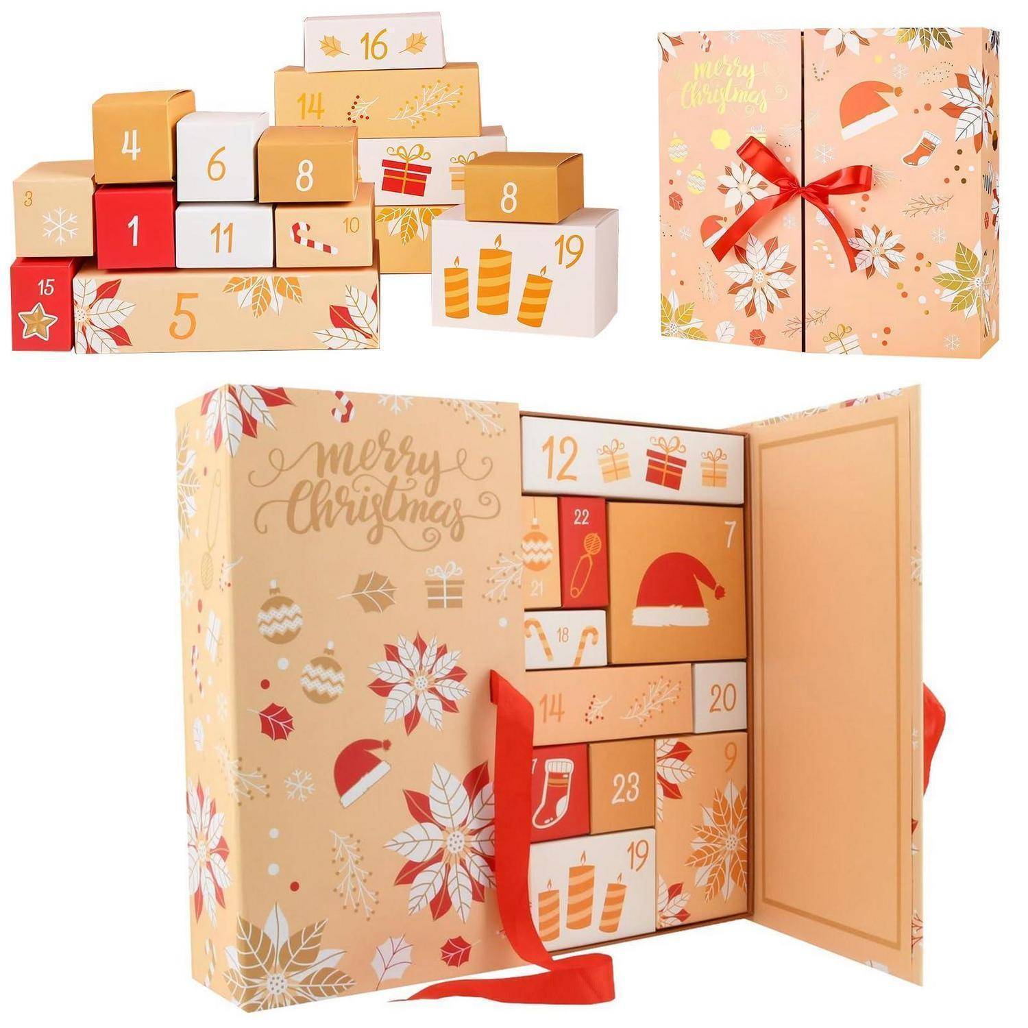 Weihnachtsthematische Adventskalender-Geschenkbox mit nummerierten Schubladen und festlichem „Frohe Weihnachten