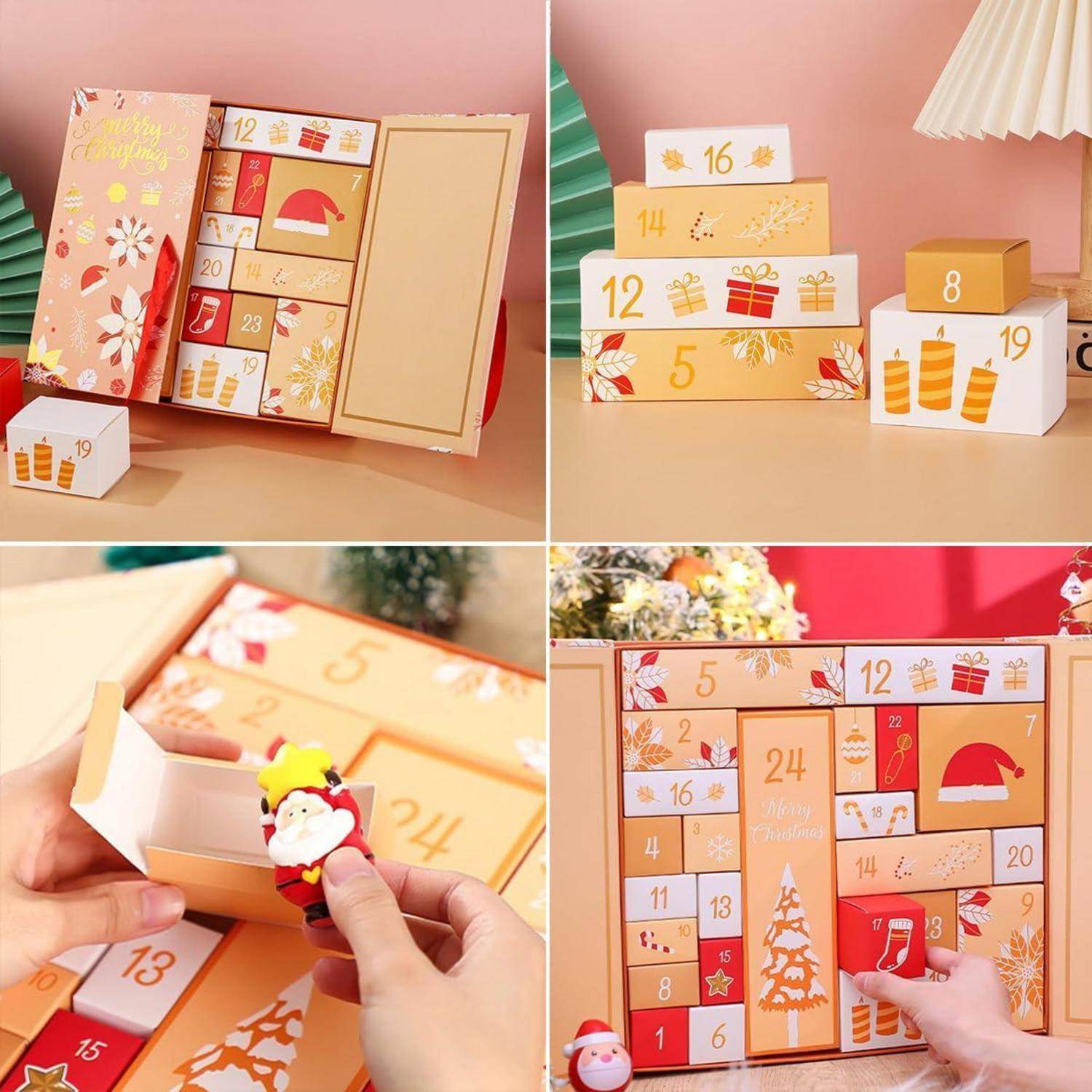 Weihnachts-Adventskalender-Geschenkboxen mit nummerierten Schubladen und festlichen Designs mit dem Weihnachtsmann, Weihnachtsbaum und Geschenken, gezeigt geöffnet und in Benutzung.