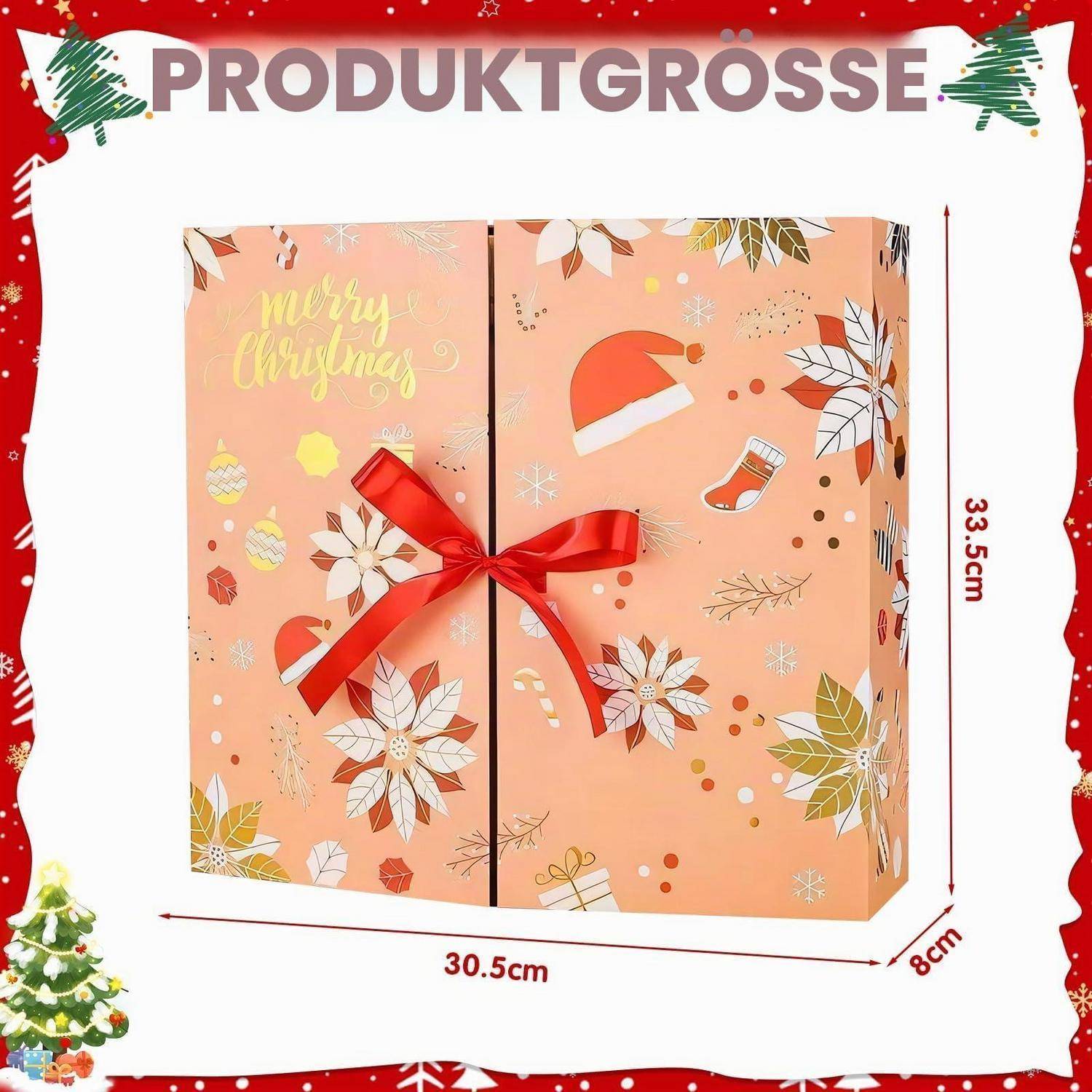 Weihnachtsthematische Geschenkbox dargestellt als Produktgrößentabelle mit einer Breite von 30,5 cm, einer Tiefe von 8 cm und einer Höhe von 33,5 cm, mit einer roten Schleife.
